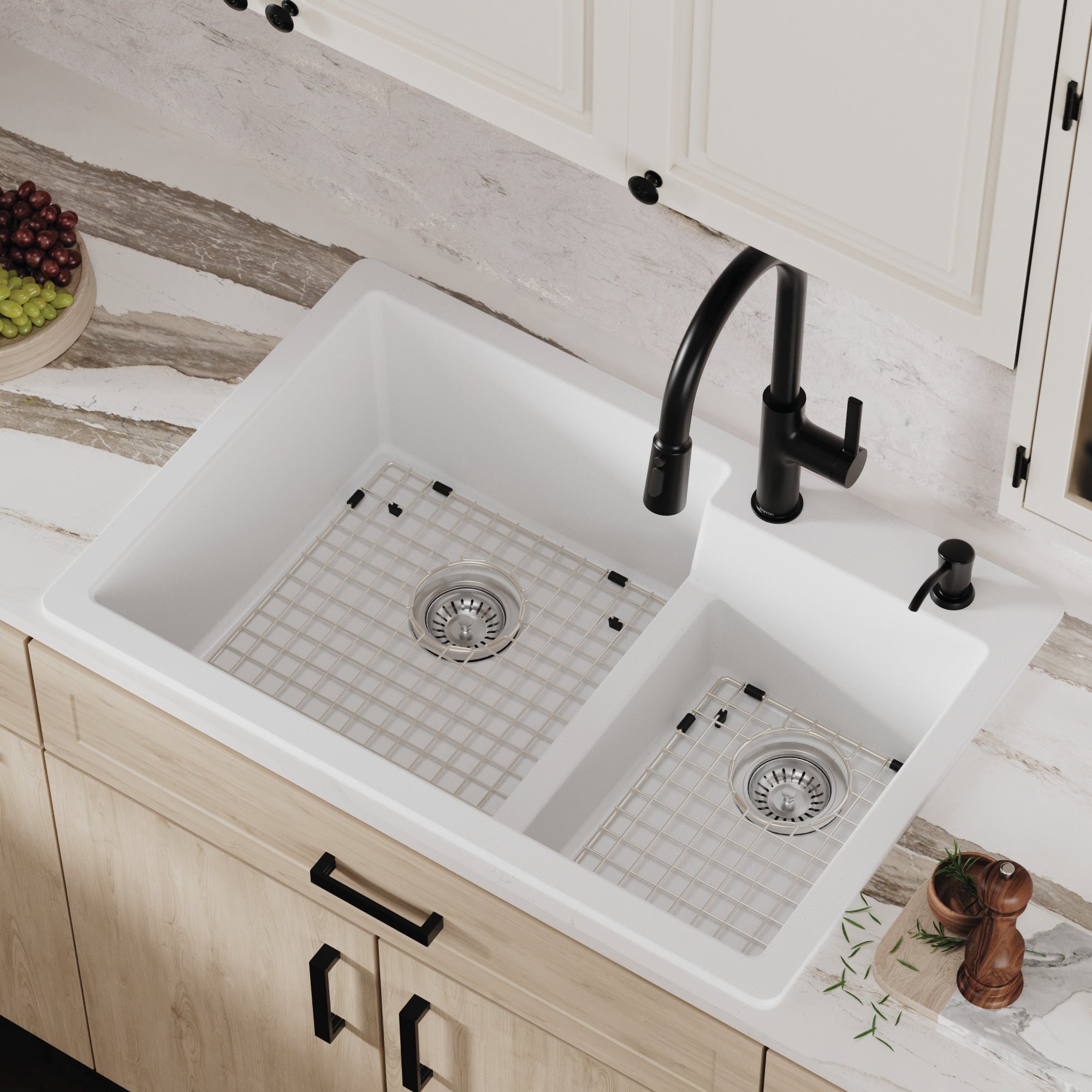 Alternative View of Karran 33" Drop In/Topmount Quartz Composite Kitchen Sink with Accessories, 60/40 Double Bowl, White, QT-811-WH-PK1