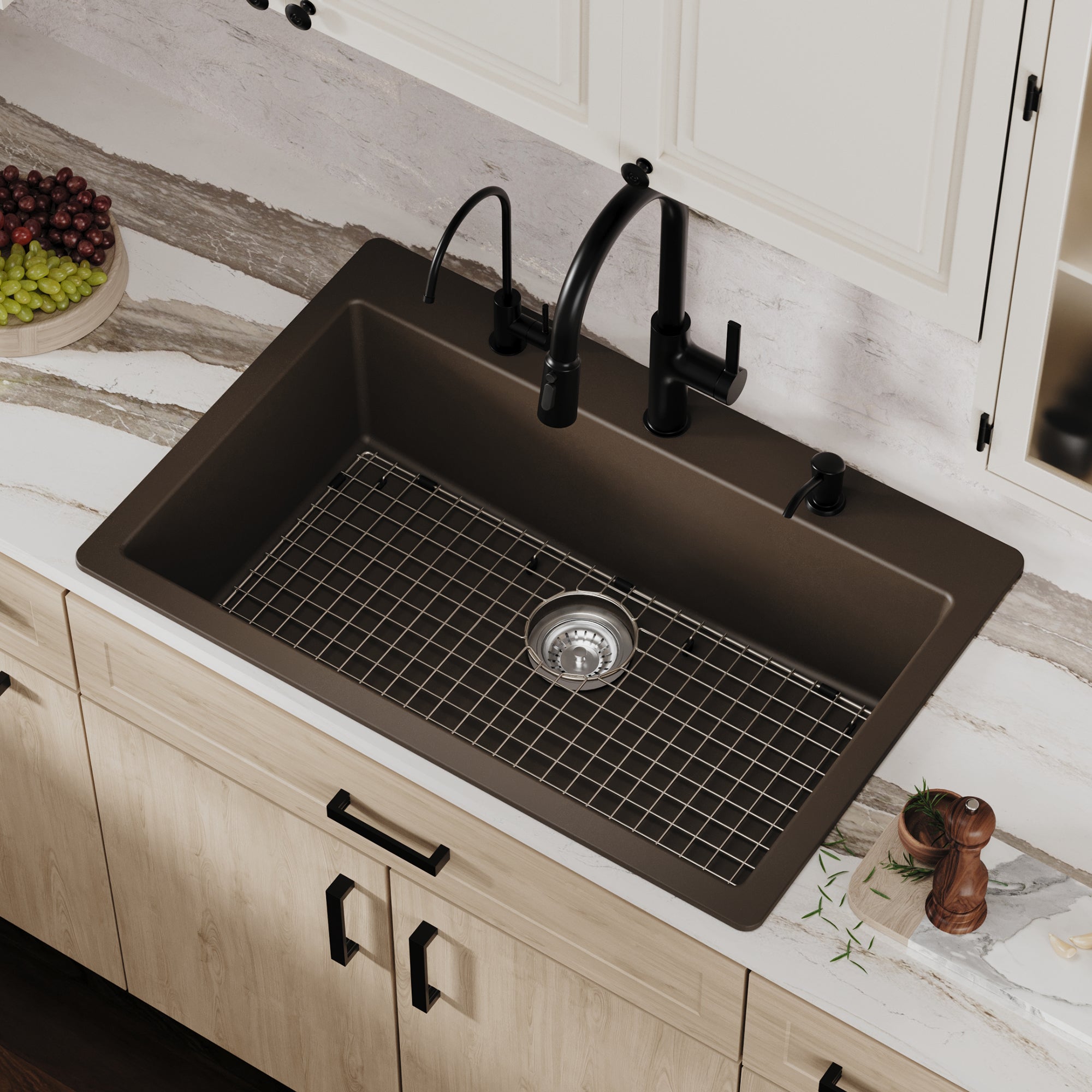 Alternative View of Karran 33" Drop In/Topmount Quartz Composite Kitchen Sink with Accessories, Brown, QT-812-BR-PK1