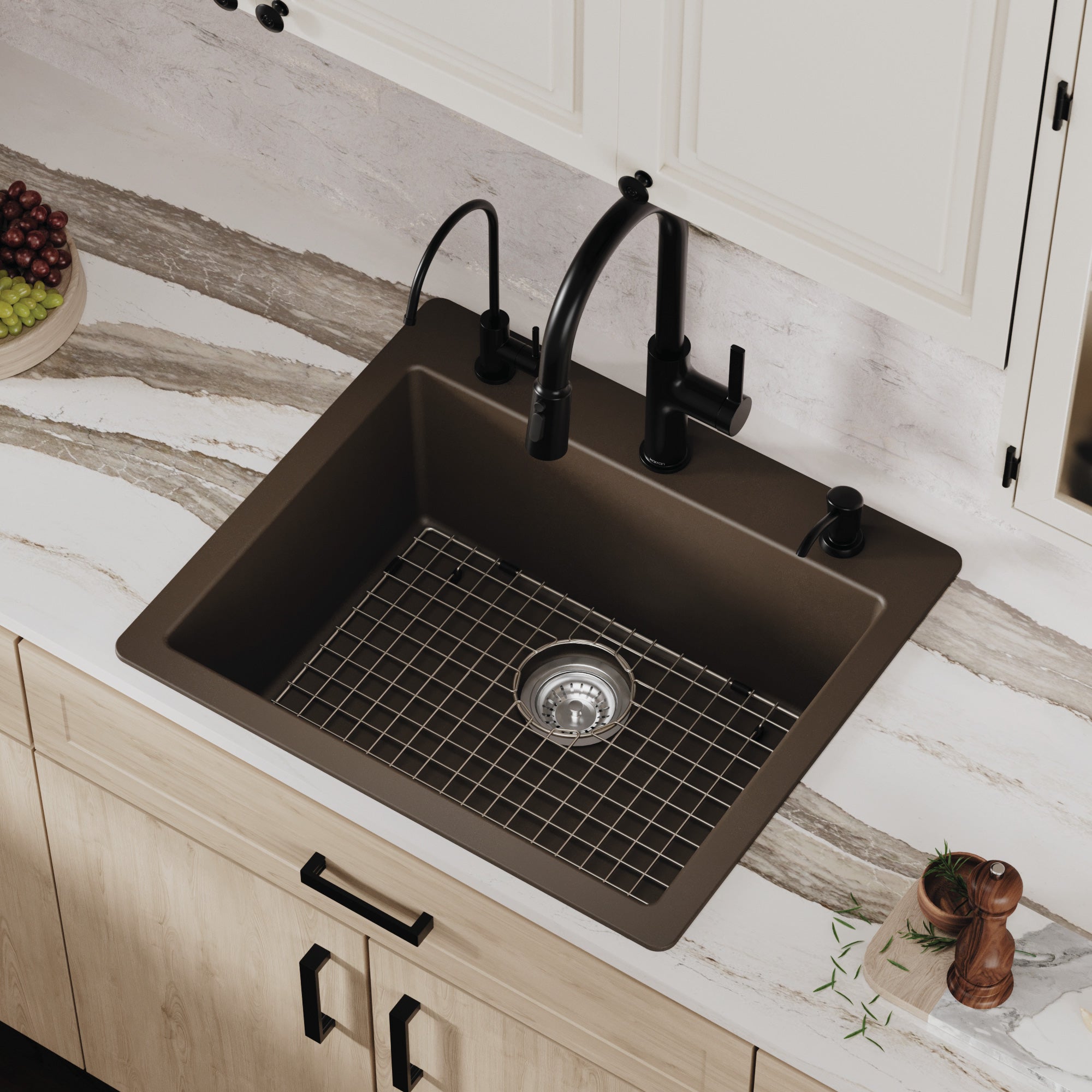Alternative View of Karran 25" Drop In/Topmount Quartz Composite Kitchen Sink with Accessories, Brown, QT-820-BR-PK1