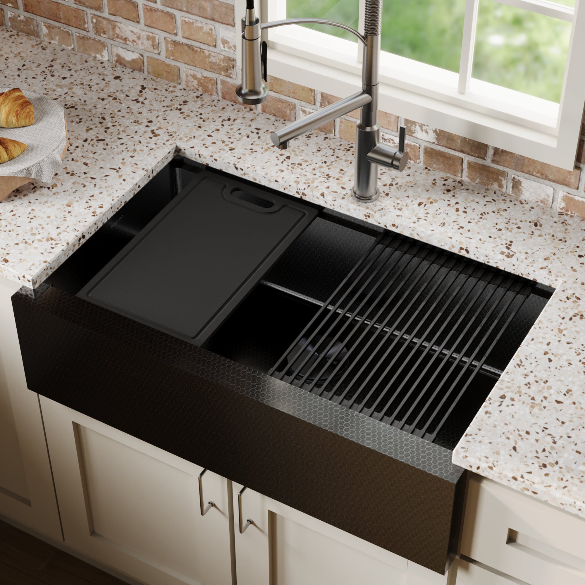 Karran 33 stainless steel workstation farmhouse sink gunmetal grey lifestyle image