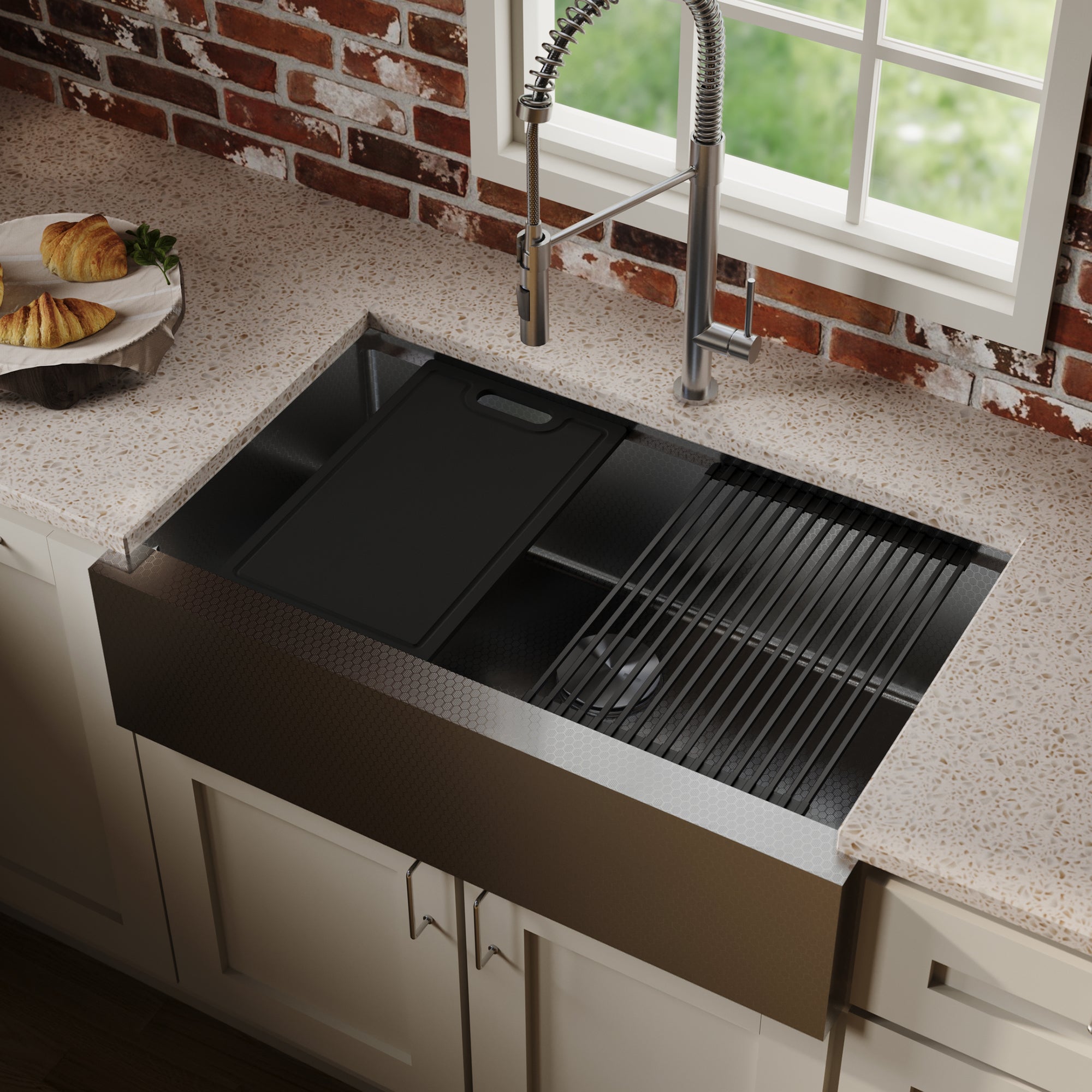Karran 33 stainless steel workstation farmhouse sink lifestyle image