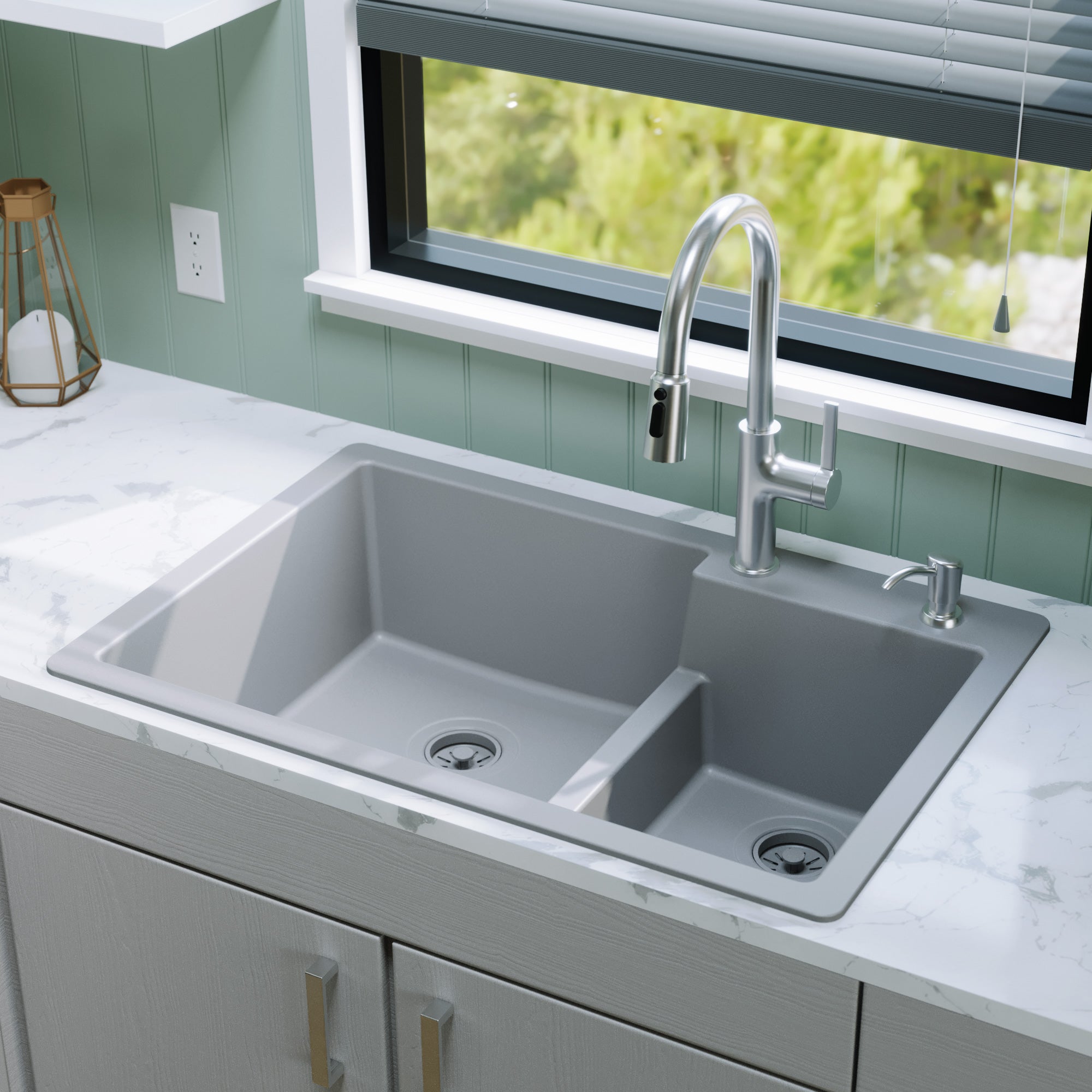 Alternative View of Karran 33" Drop In/Topmount Quartz Composite Kitchen Sink, 60/40 Double Bowl, Grey, QT-811-GR