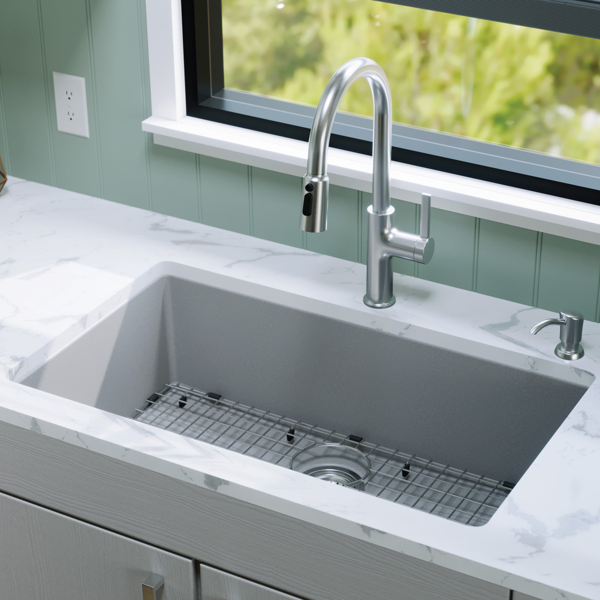 Alternative View of Karran 32" Undermount Quartz Composite Kitchen Sink with Accessories, Grey, QU-812-GR-PK1