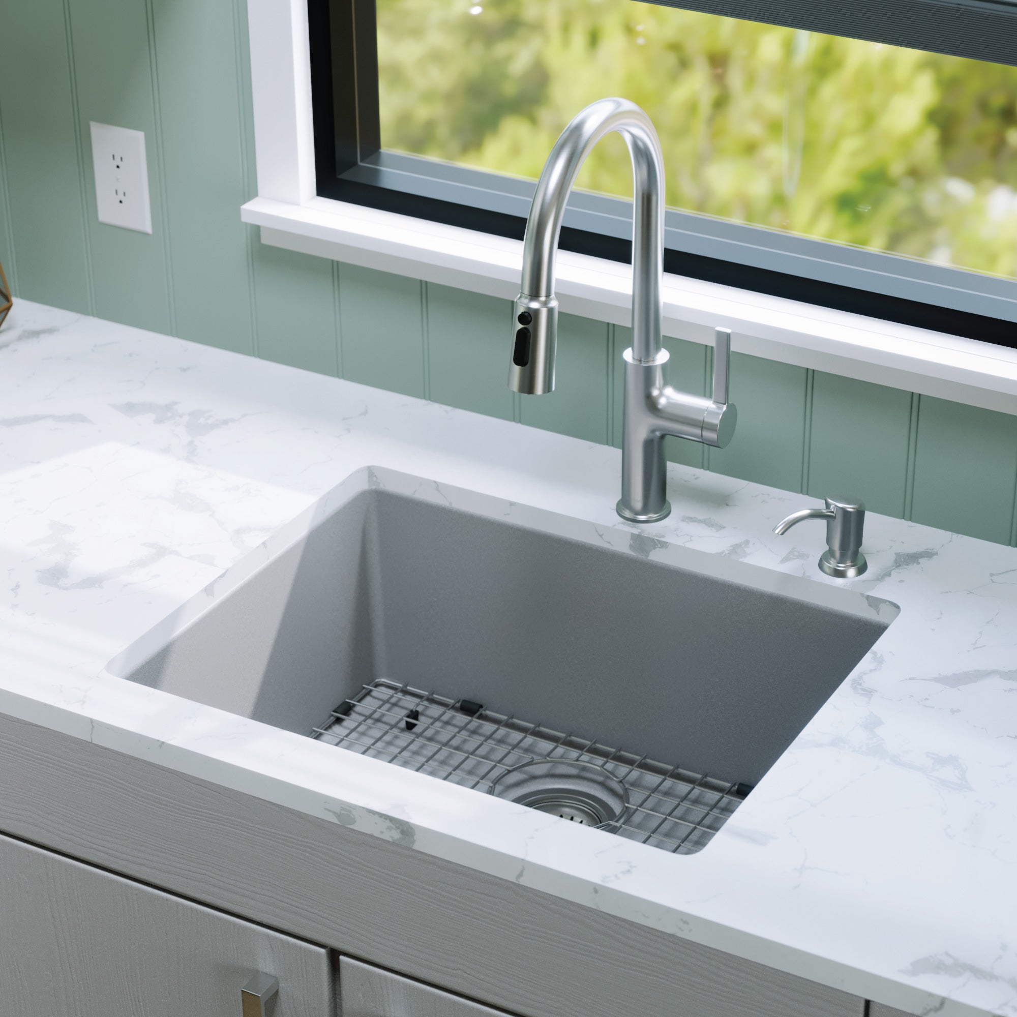 Alternative View of Karran 24" Undermount Quartz Composite Kitchen Sink with Accessories, Grey, QU-820-GR-PK1