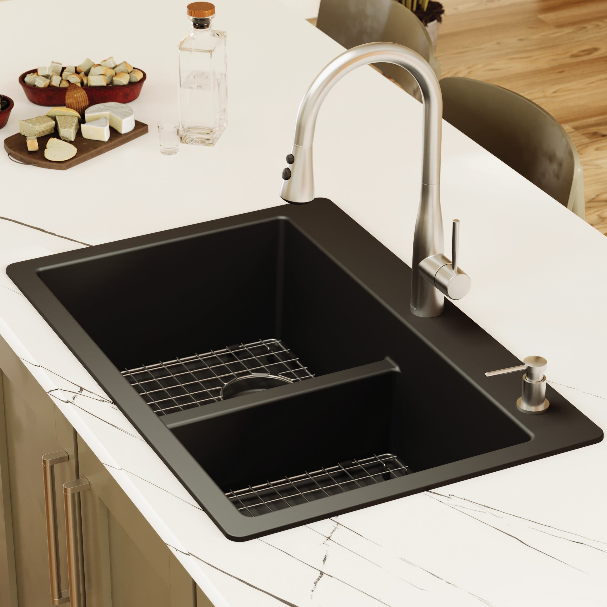 Alternative View of Karran 33" Drop In/Topmount Quartz Composite Kitchen Sink with Accessories, 50/50 Double Bowl, Black, QT-810-BL-PK1