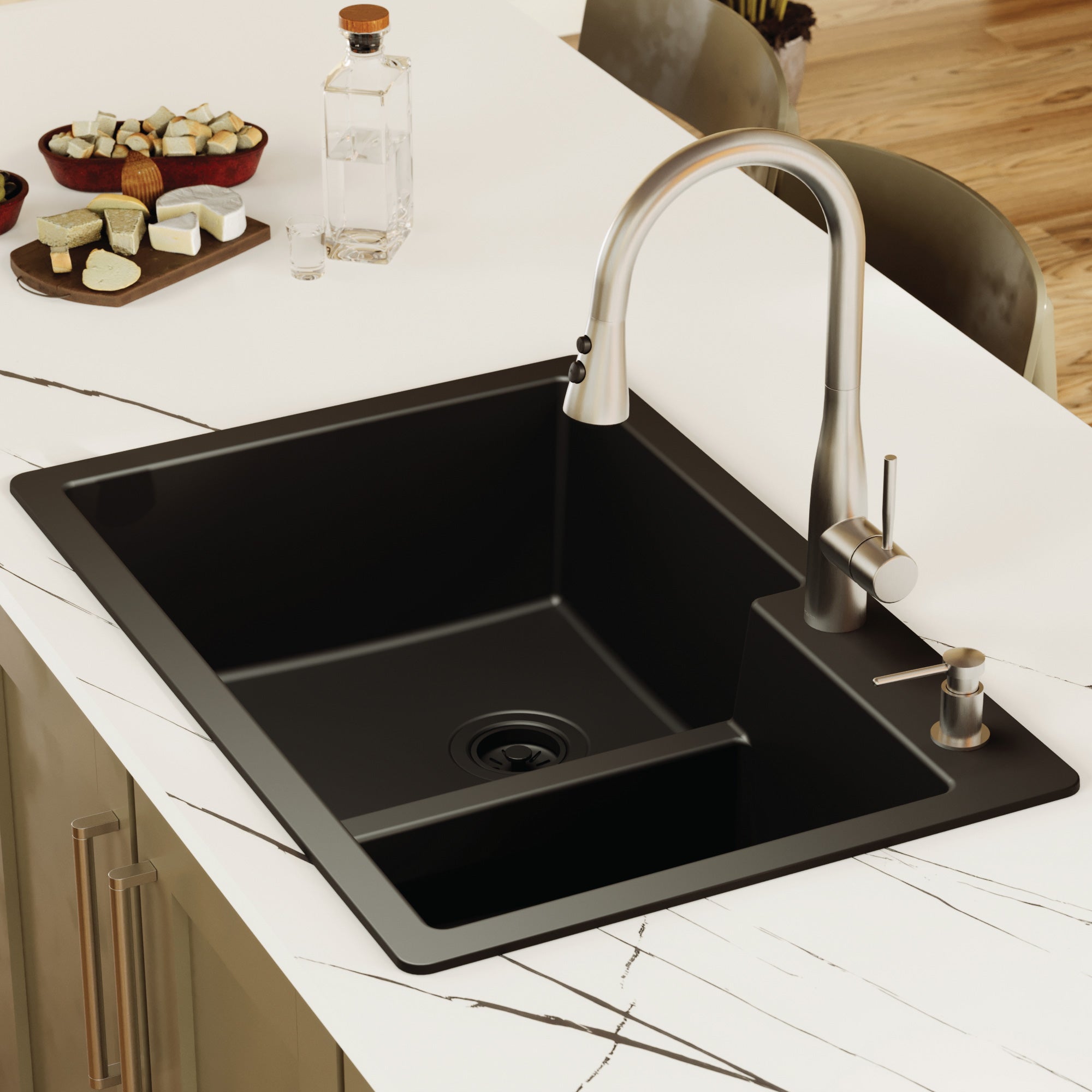 Alternative View of Karran 33" Drop In/Topmount Quartz Composite Kitchen Sink, 60/40 Double Bowl, Black, QT-811-BL