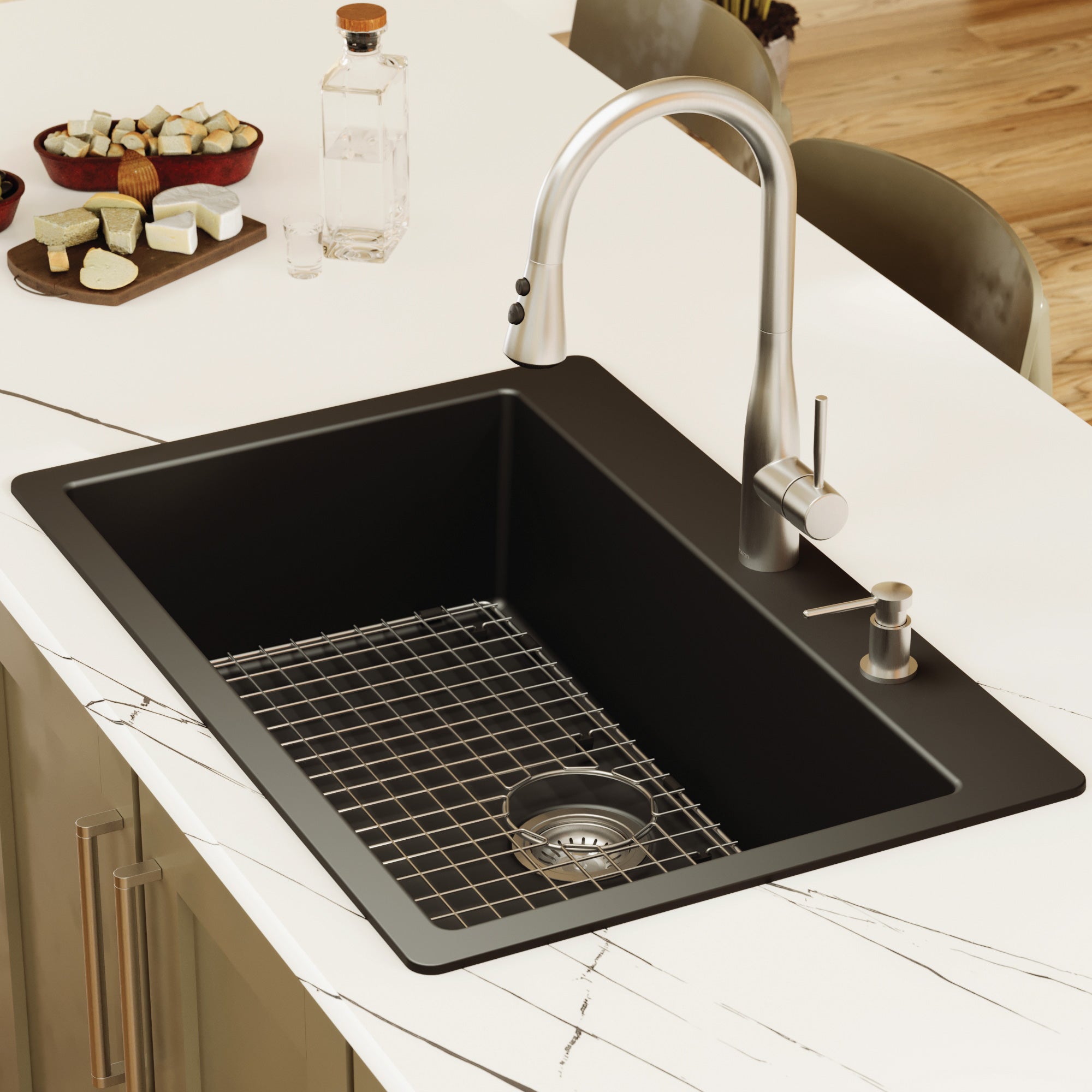 Alternative View of Karran 33" Drop In/Topmount Quartz Composite Kitchen Sink with Accessories, Black, QT-812-BL-PK1