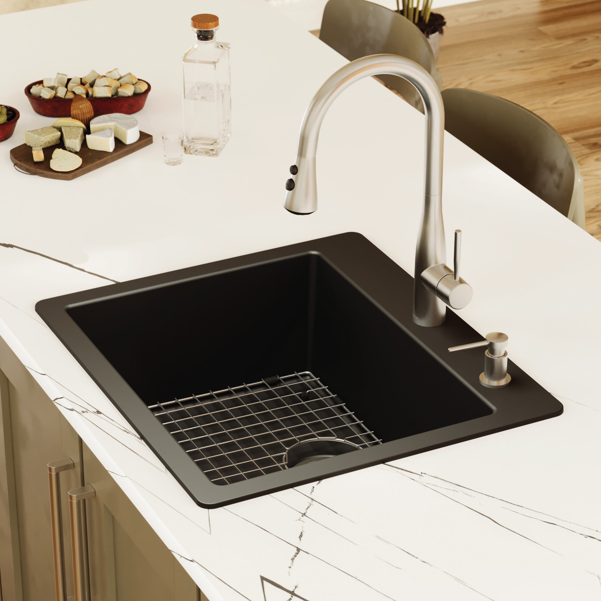 Alternative View of Karran 25" Drop In/Topmount Quartz Composite Kitchen Sink with Accessories, Black, QT-820-BL-PK1