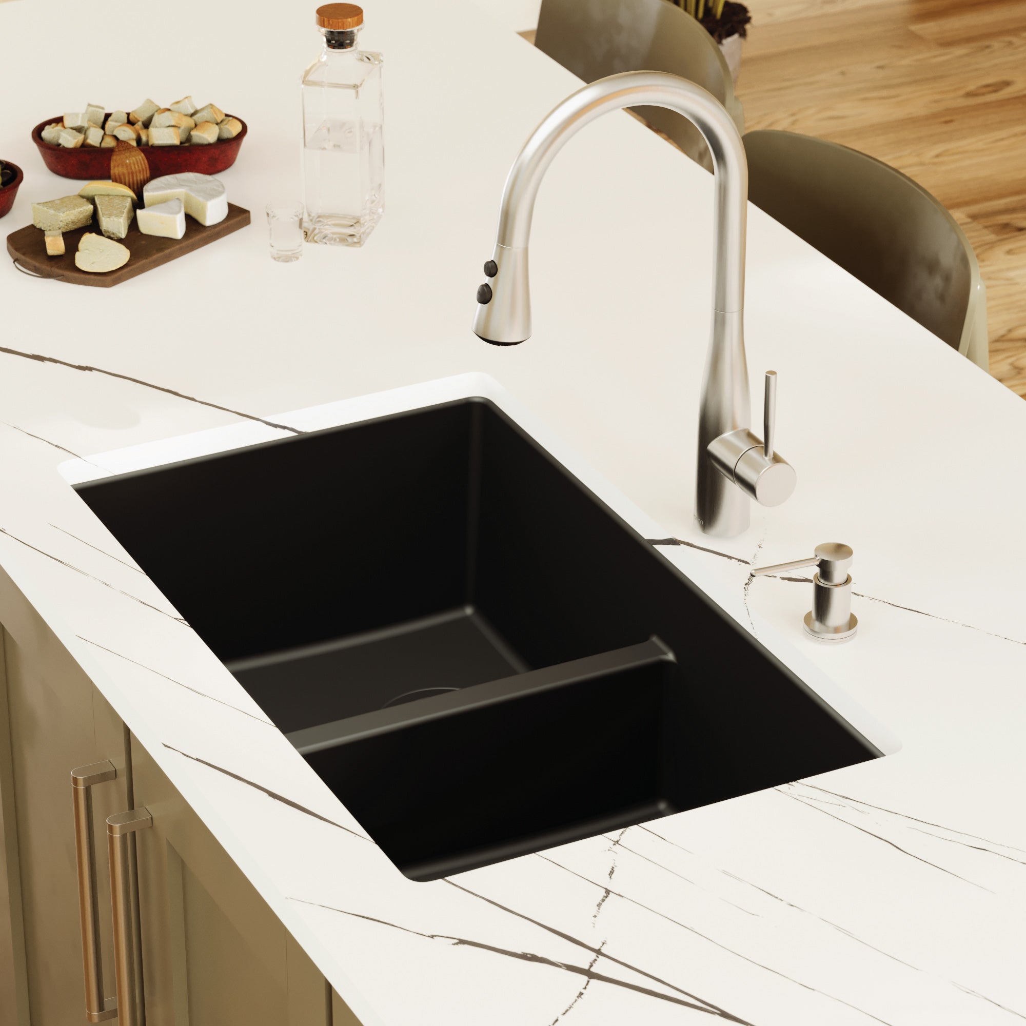 Alternative View of Karran 32" Undermount Quartz Composite Kitchen Sink, 50/50 Double Bowl, Black, QU-810-BL