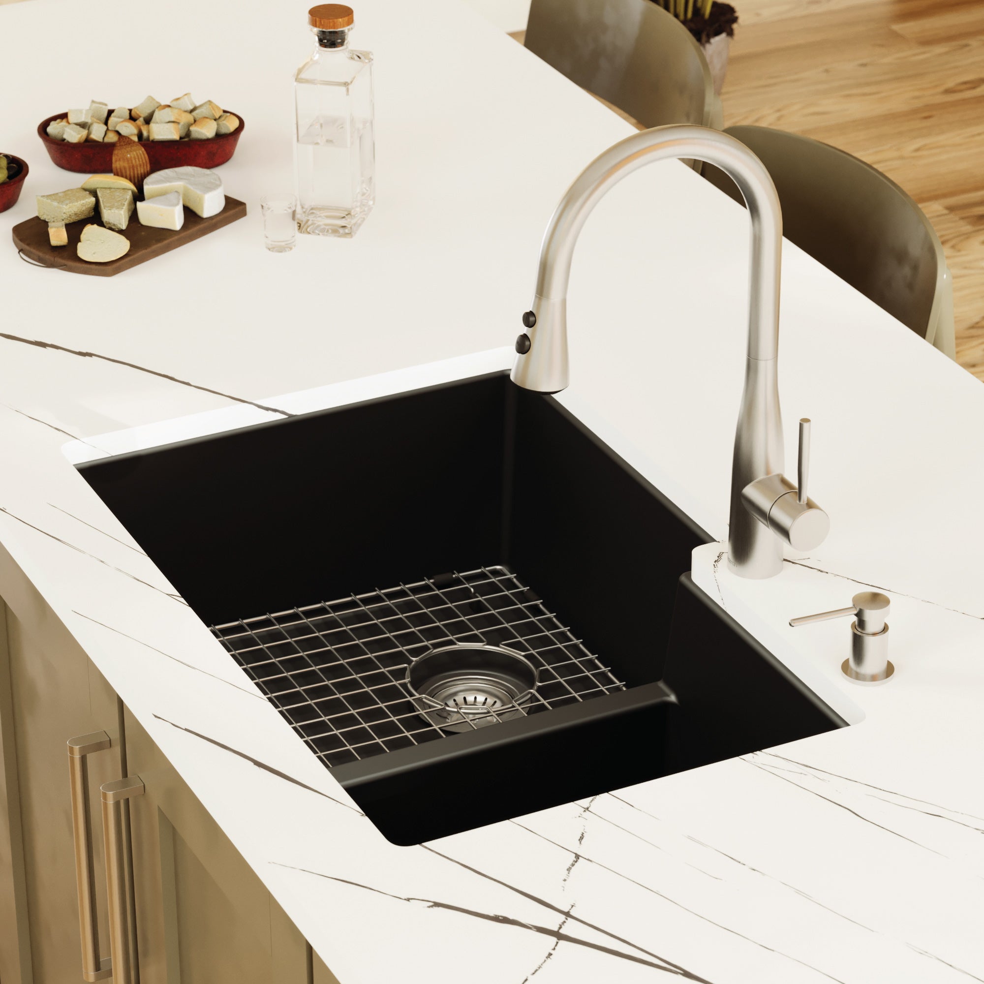 Alternative View of Karran 32" Undermount Quartz Composite Kitchen Sink with Accessories, 60/40 Double Bowl, Black, QU-811-BL-PK1