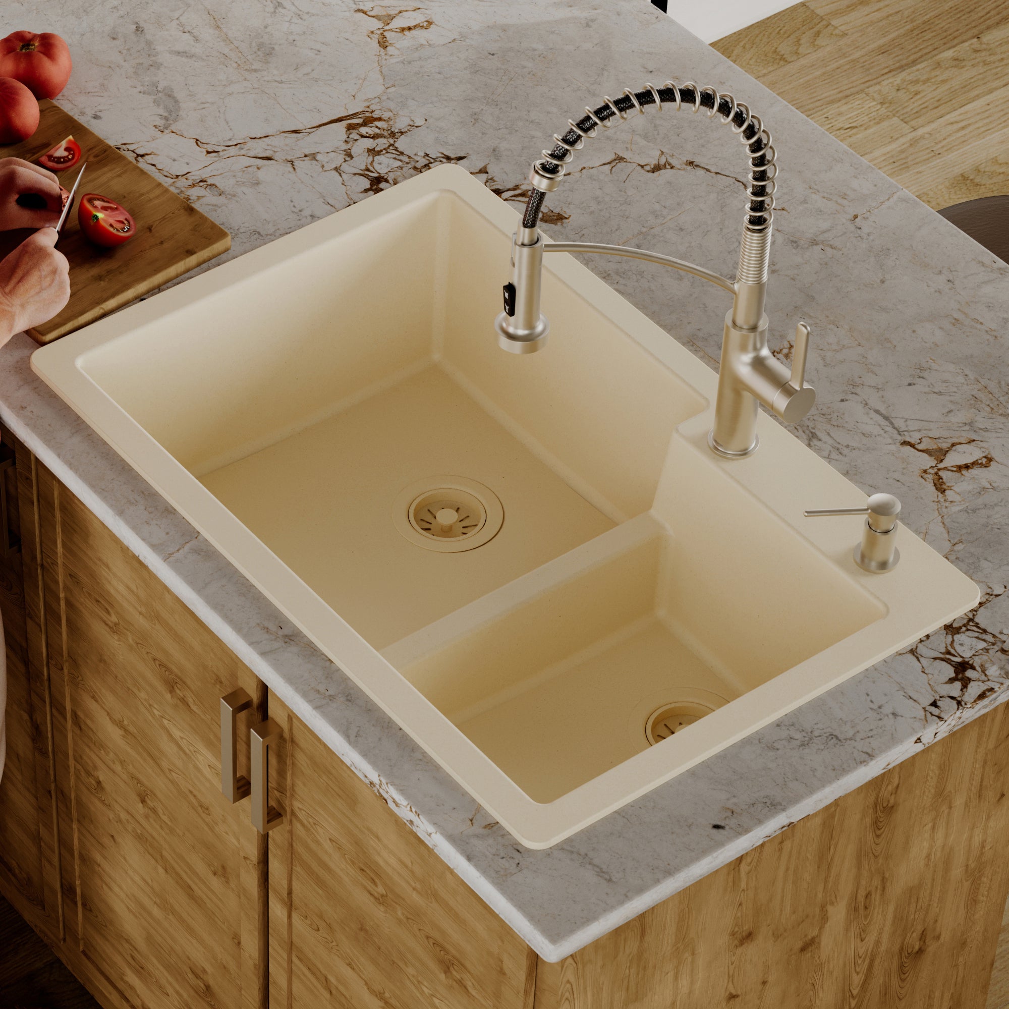 Alternative View of Karran 33" Drop In/Topmount Quartz Composite Kitchen Sink, 60/40 Double Bowl, Bisque, QT-811-BI