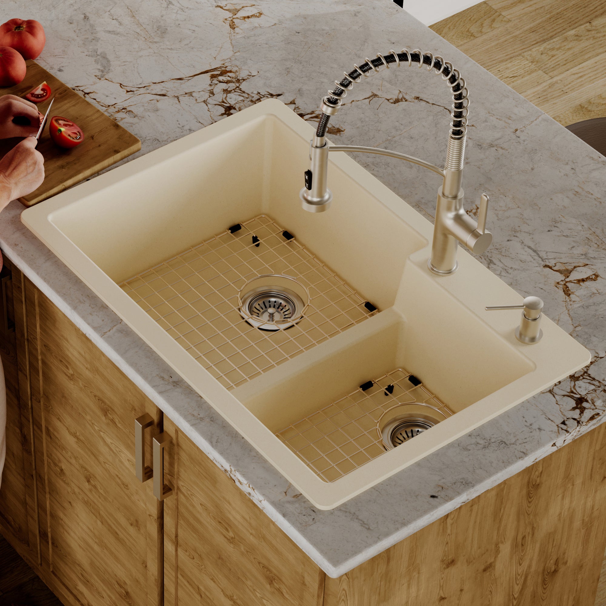 Alternative View of Karran 33" Drop In/Topmount Quartz Composite Kitchen Sink with Accessories, 60/40 Double Bowl, Bisque, QT-811-BI-PK1