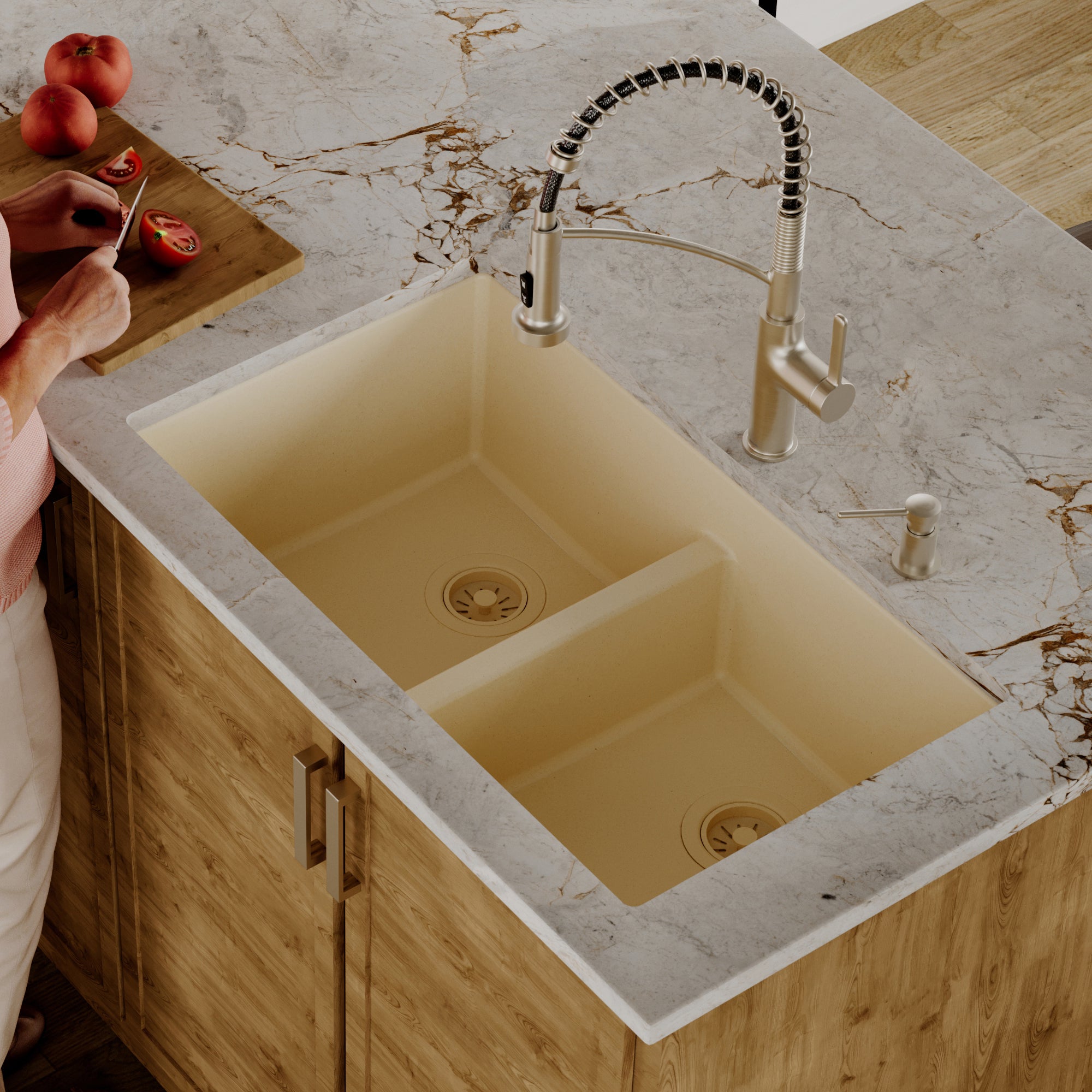 Alternative View of Karran 32" Undermount Quartz Composite Kitchen Sink, 50/50 Double Bowl, Bisque, QU-810-BI