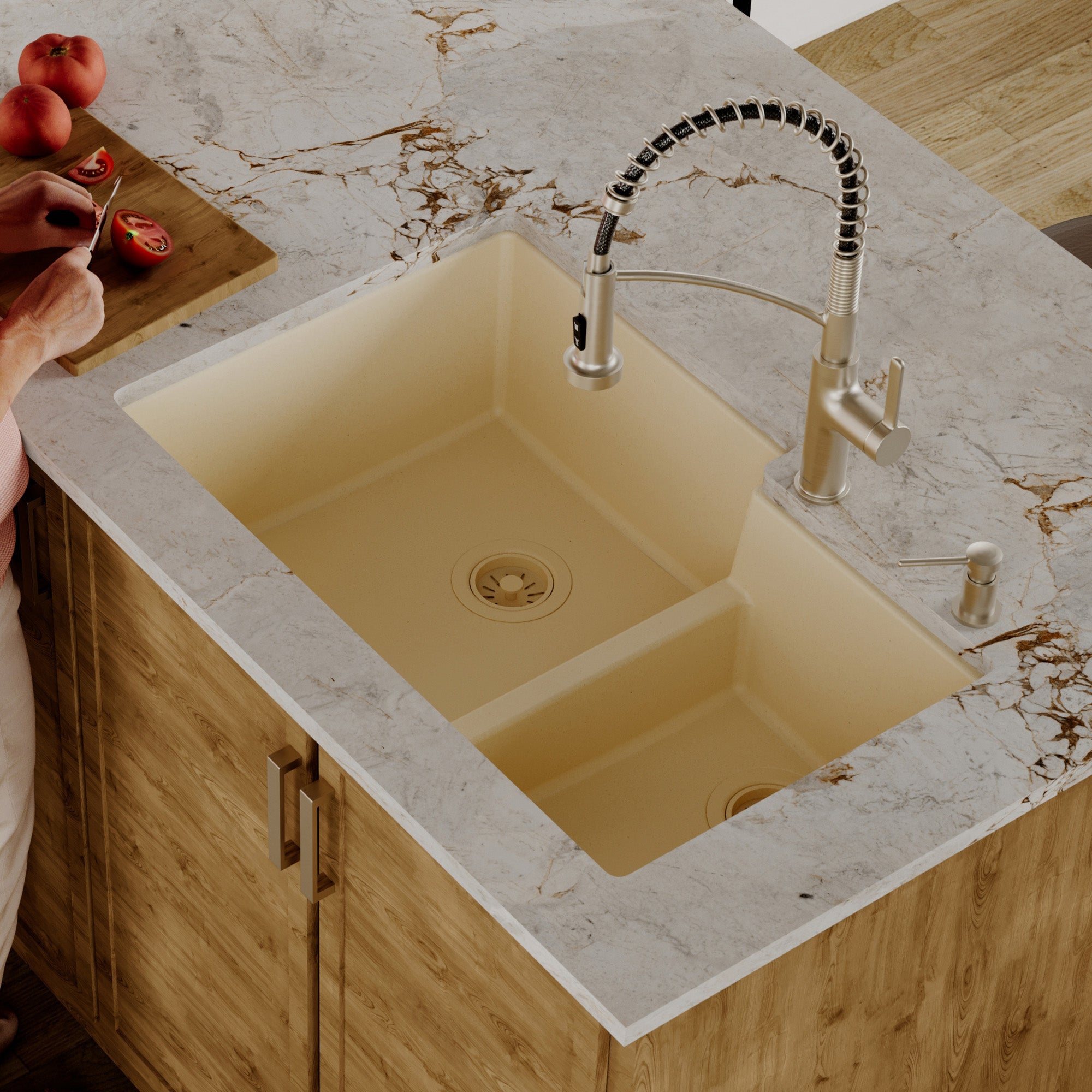 Alternative View of Karran 32" Undermount Quartz Composite Kitchen Sink, 60/40 Double Bowl, Bisque, QU-811-BI