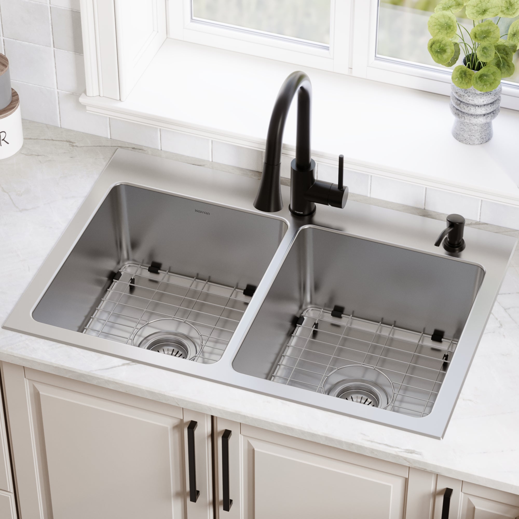 Karran lansen 33 stainless steel kitchen sink 50/50 double bowl lifestyle image