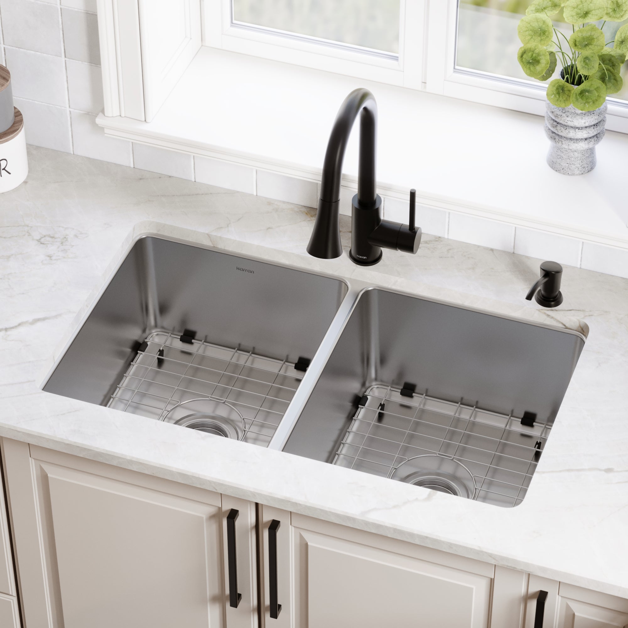 Karran lansen 32 stainless steel kitchen sink 50/50 double bowl lifestyle image