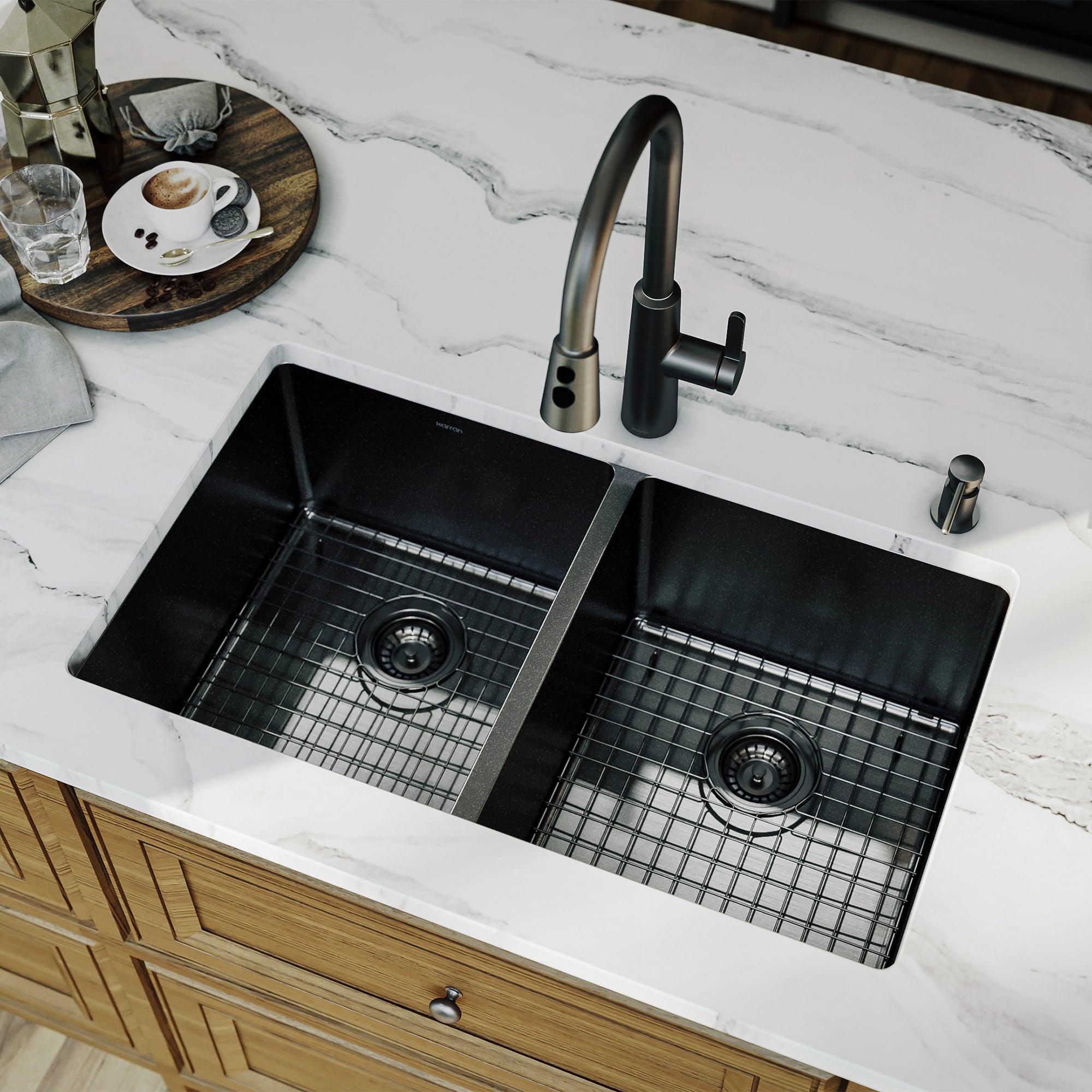 Karran elite 32 stainless steel kitchen sink 50/50 double bowl gunmetal black lifestyle image
