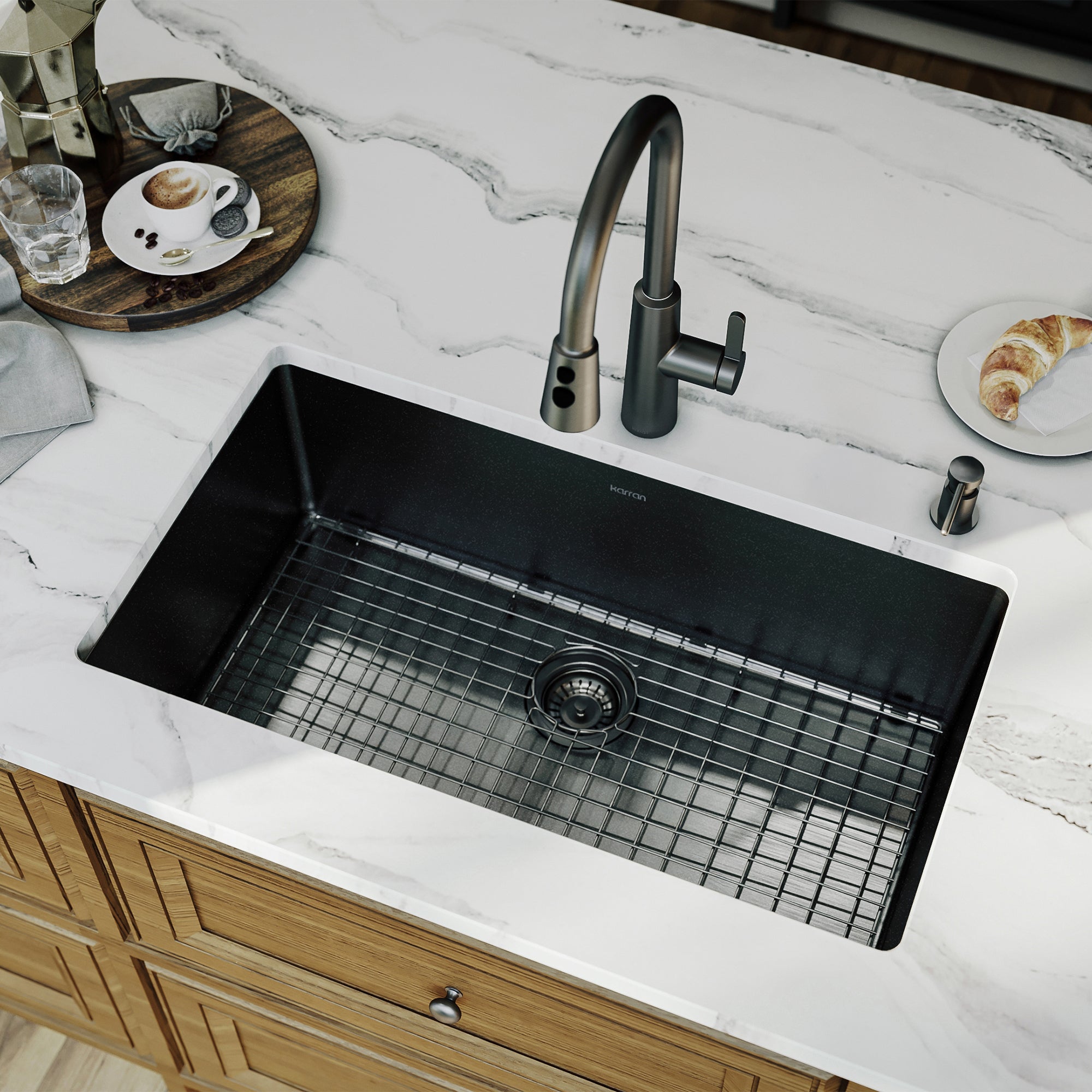 Karran elite 32 stainless steel kitchen sink gunmetal black lifestyle image
