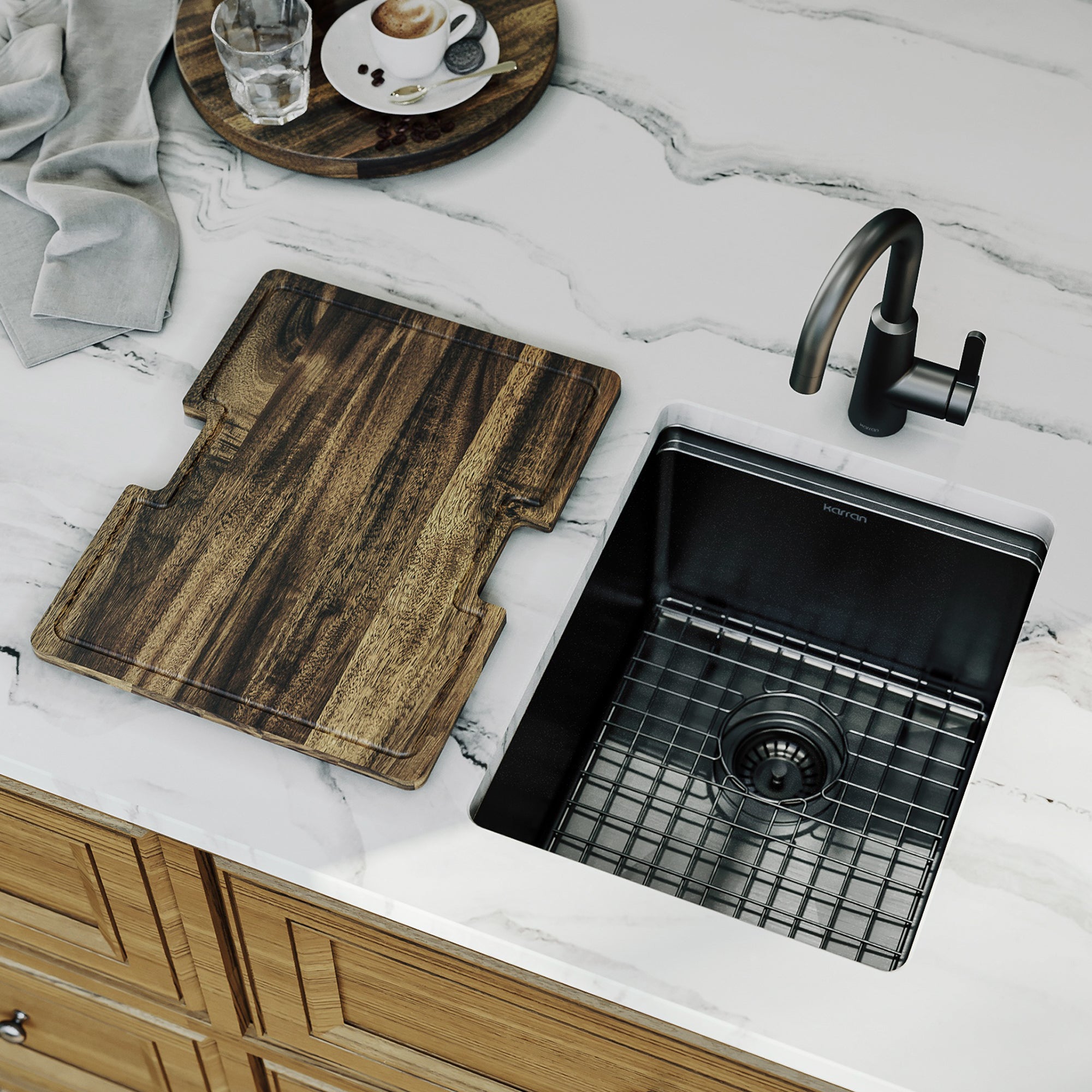 Karran elite workstation 15 stainless steel kitchen sink gunmetal black lifestyle image
