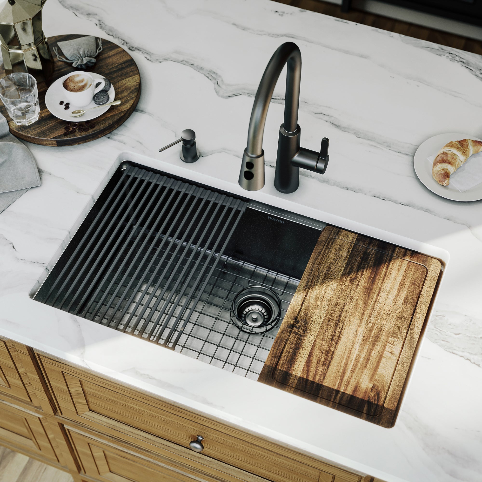 Karran elite workstation 32 stainless steel kitchen sink gunmetal black lifestyle image