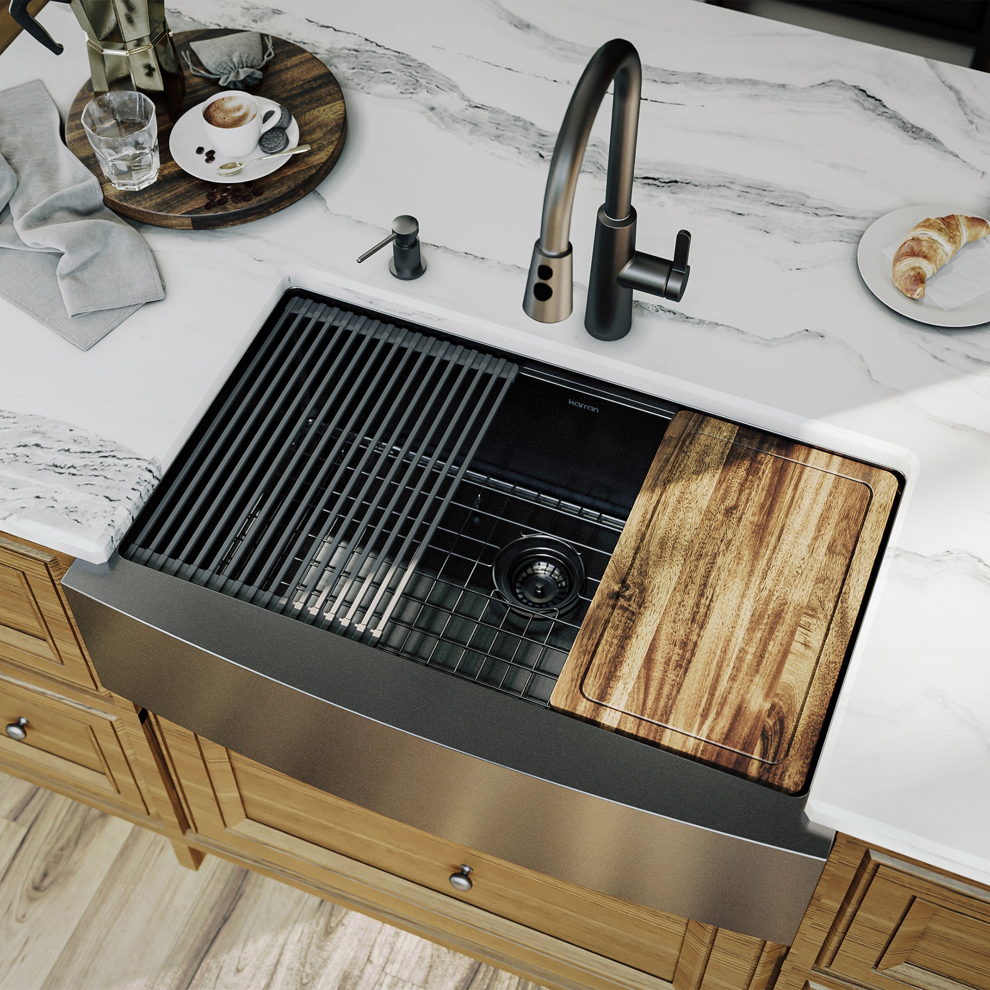 Karran elite workstation 33 stainless steel farmhouse sink gunmetal black lifestyle image