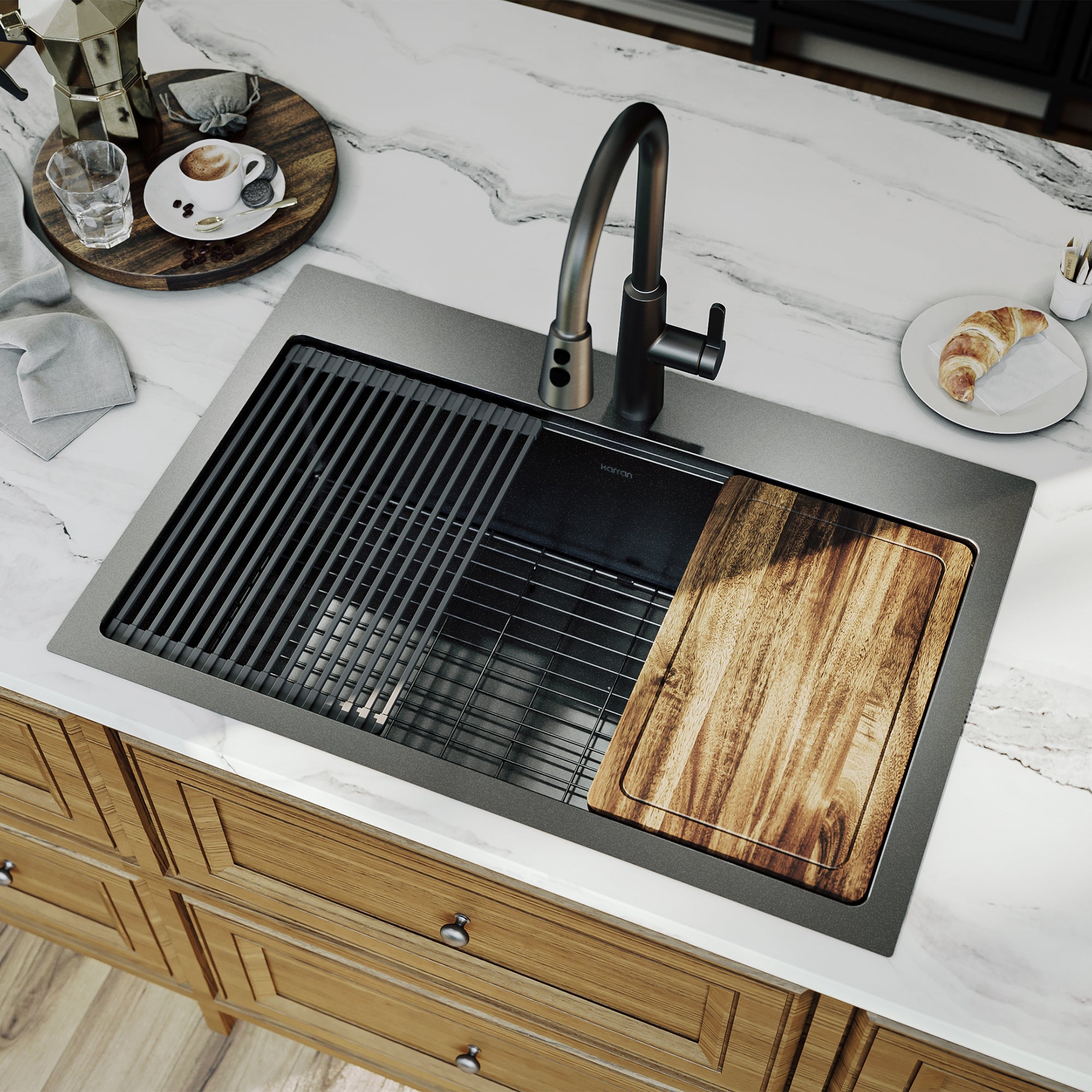 Karran elite workstation 33 stainless steel kitchen sink gunmetal black lifestyle image