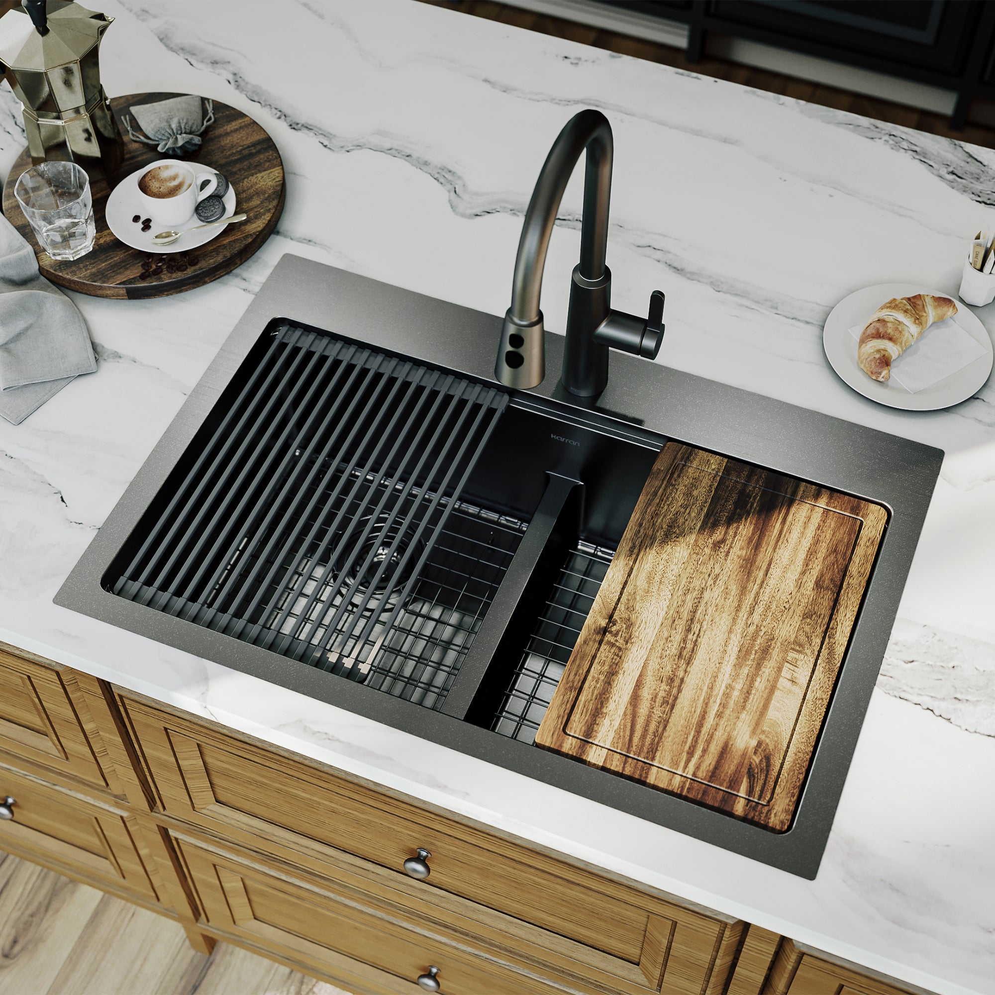 Karran elite workstation 33 stainless steel kitchen sink 50/50 double bowl gunmetal black lifestyle image