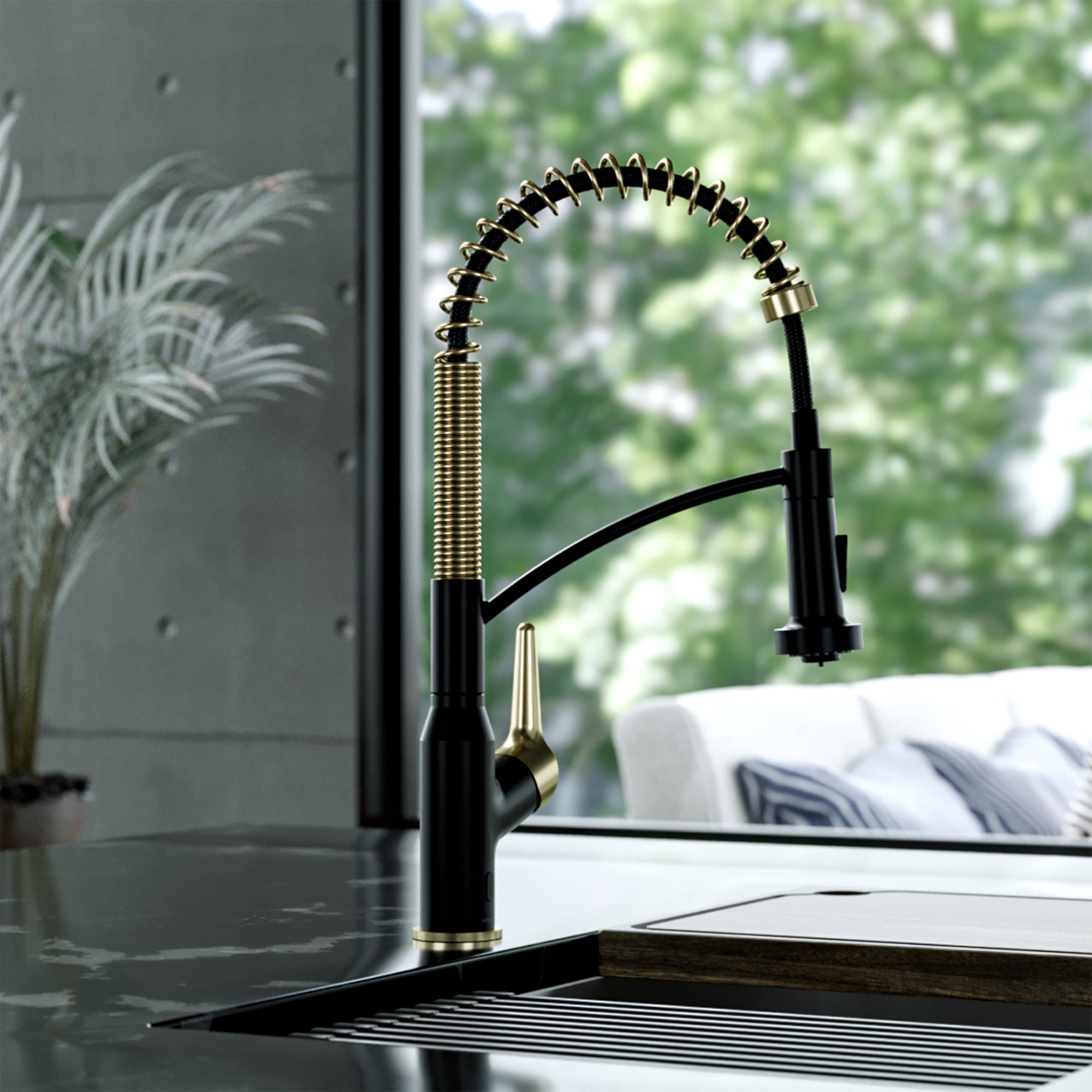 Karran scottsdale touchless pull-down kitchen faucet matte black & brushed gold lifestyle image