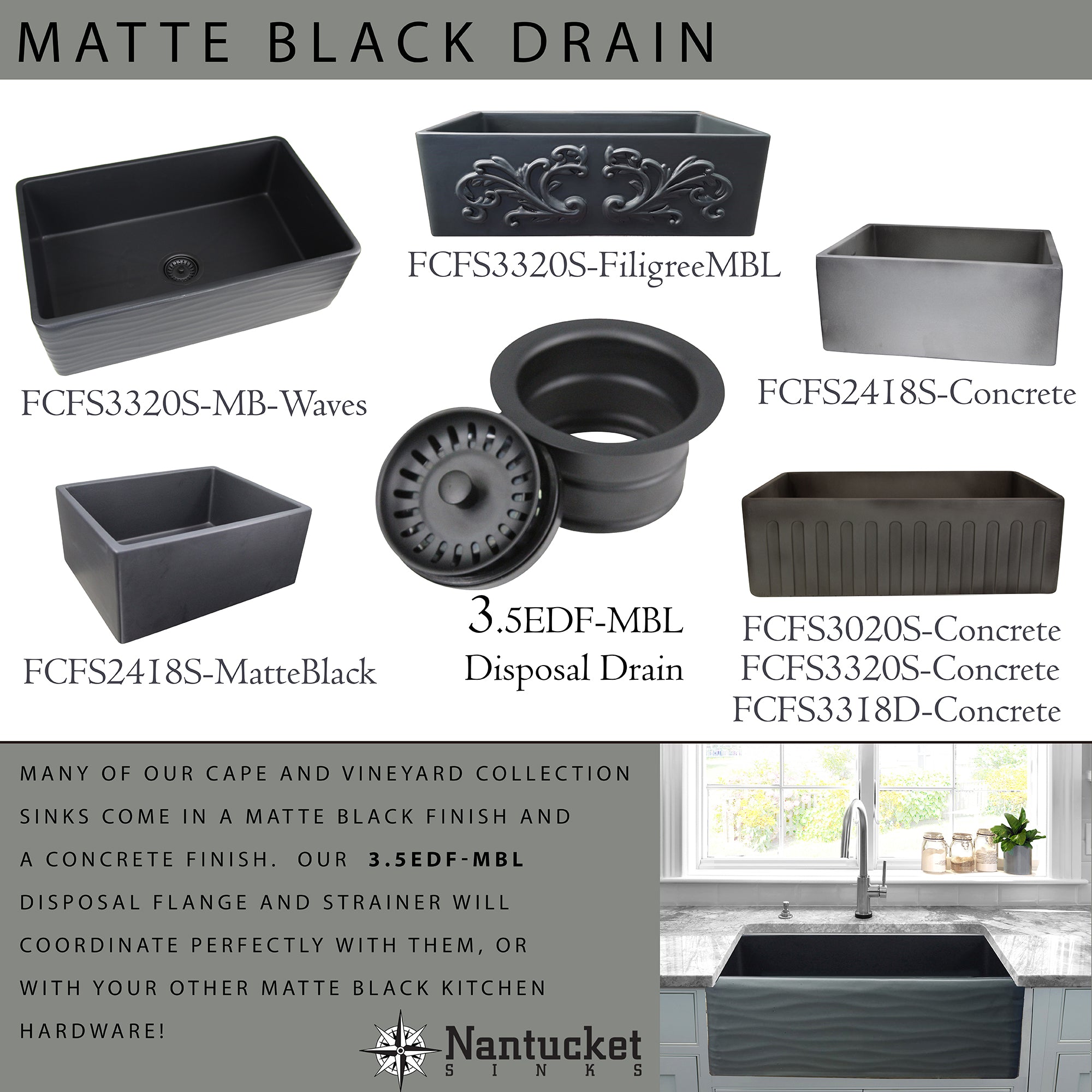 Nantucket Sinks Vineyard 33" Fireclay Farmhouse Sink with Accessories, Concrete, FCFS3320CA-C