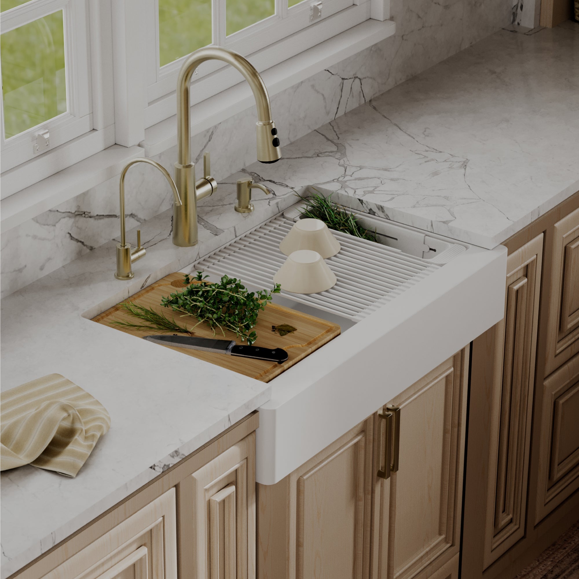 Karran 34 quartz composite retrofit workstation farmhouse sink white lifestyle image