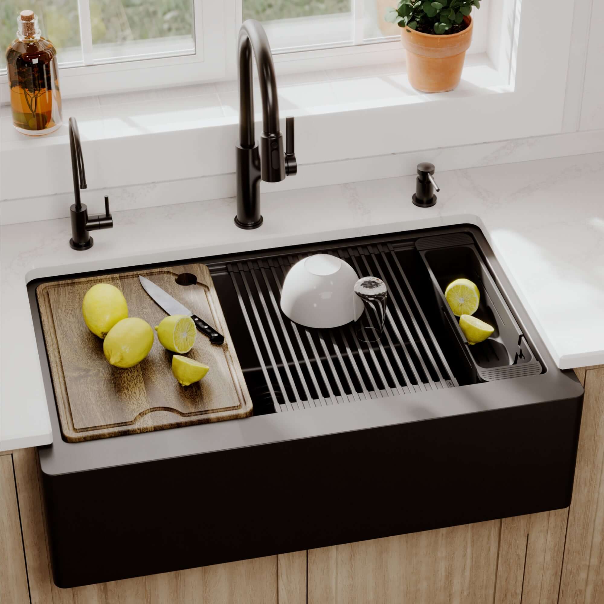 Karran 34 quartz composite workstation farmhouse sink black lifestyle image