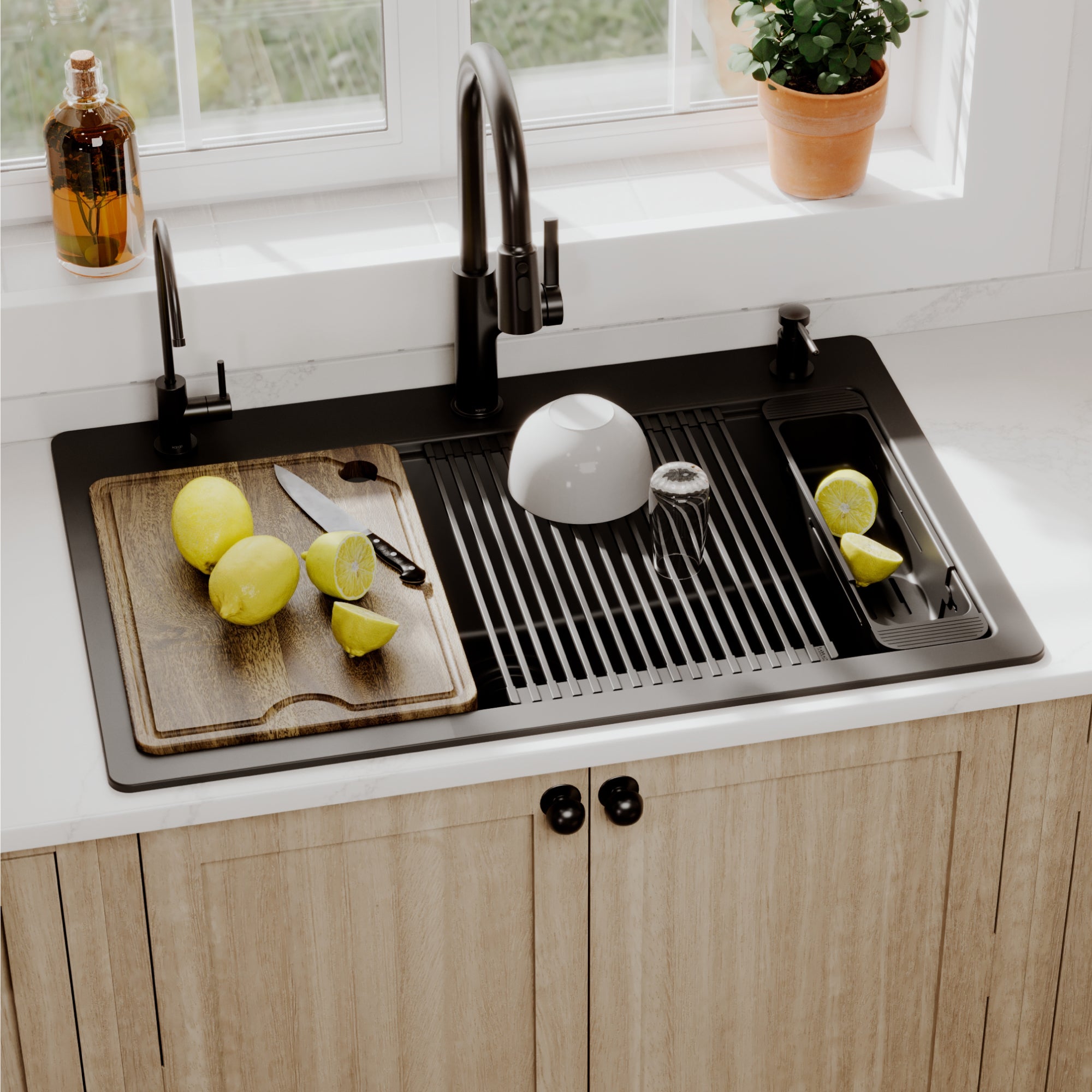 Karran 33 quartz composite workstation kitchen sink black lifestyle image