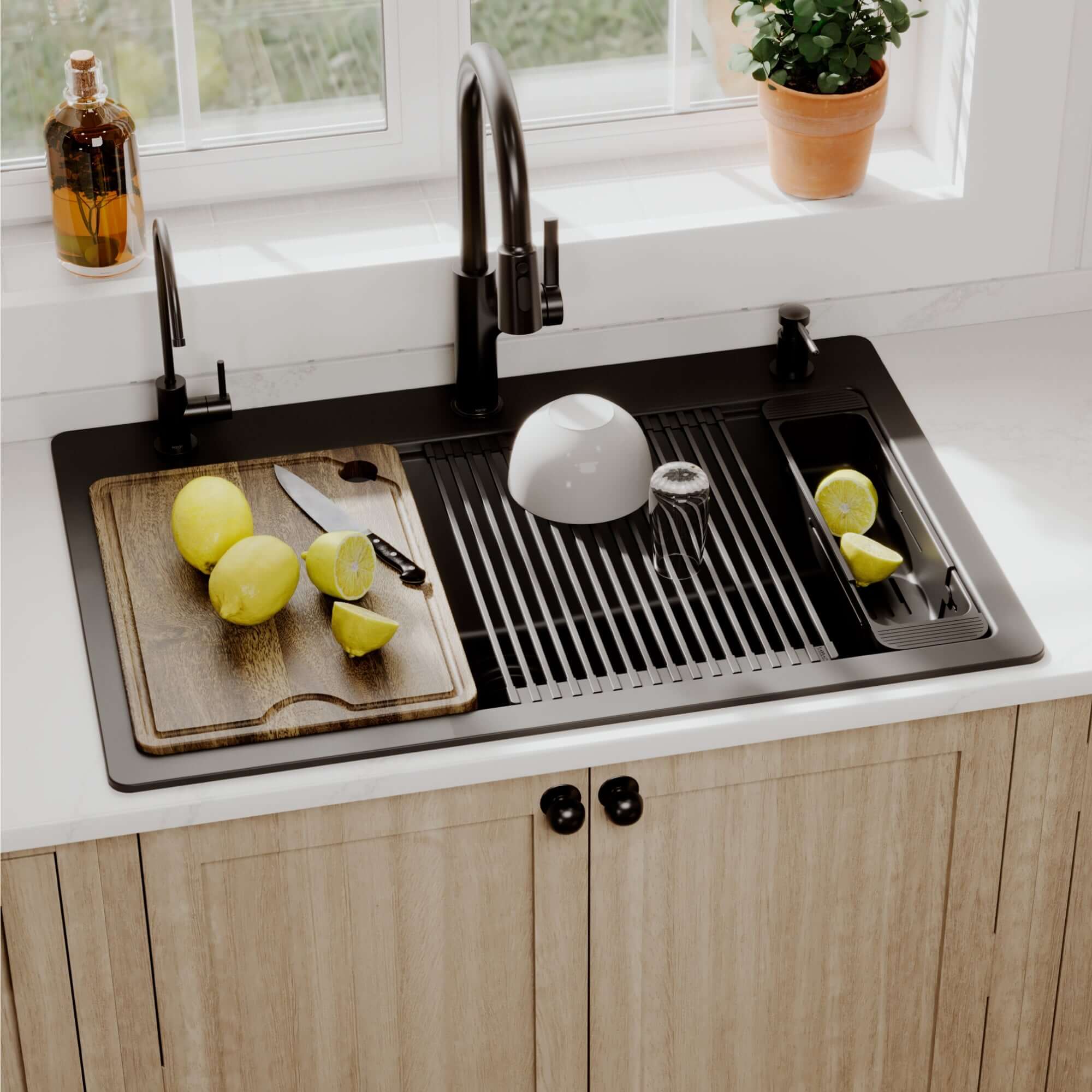 Karran 33 quartz composite workstation kitchen sink black lifestyle image