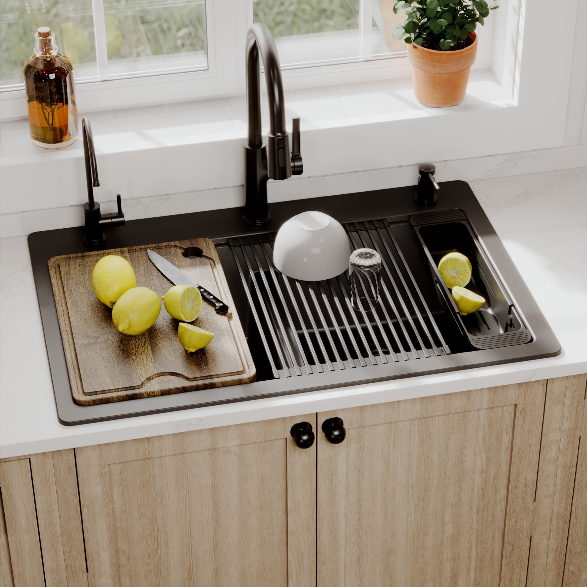 Karran 33 quartz composite workstation kitchen sink 50/50 double bowl black lifestyle image