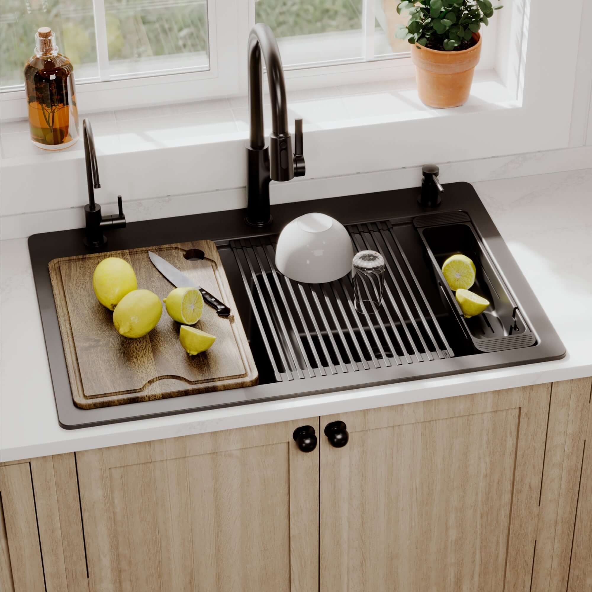 Karran 33 quartz composite workstation kitchen sink 50/50 double bowl black lifestyle image
