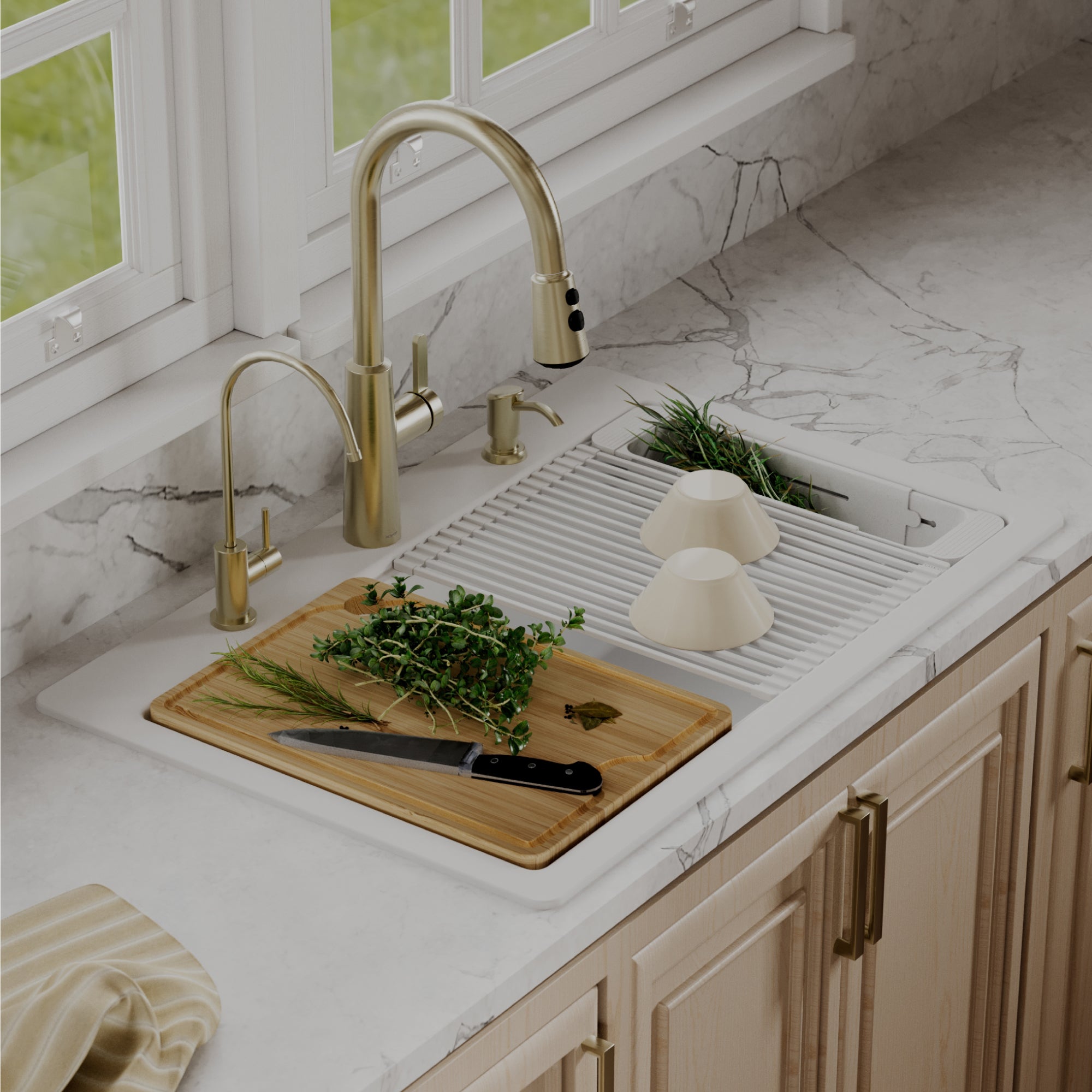 Karran 33 quartz composite workstation kitchen sink 50/50 double bowl white lifestyle image