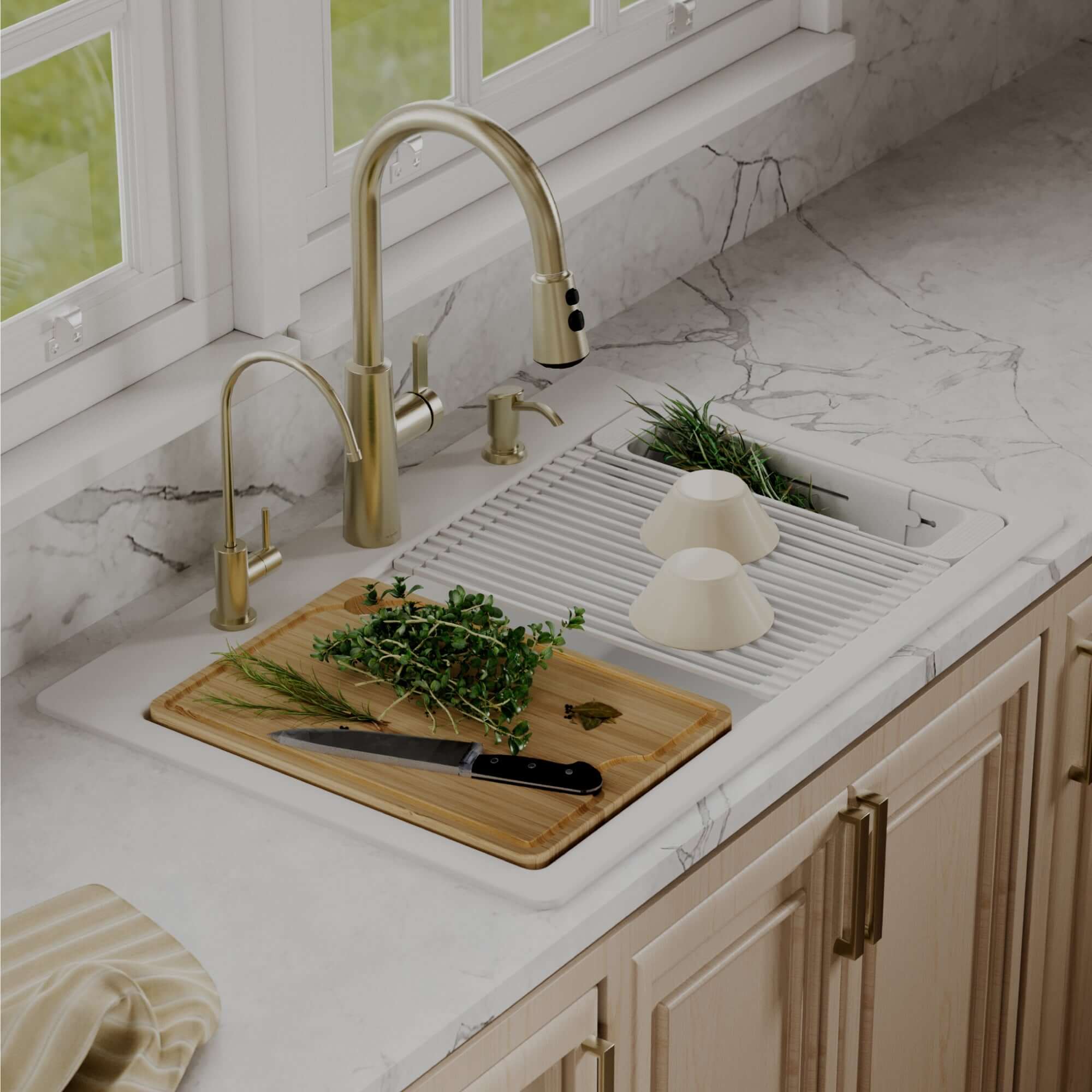 Karran 33 quartz composite workstation kitchen sink 50/50 double bowl white lifestyle image