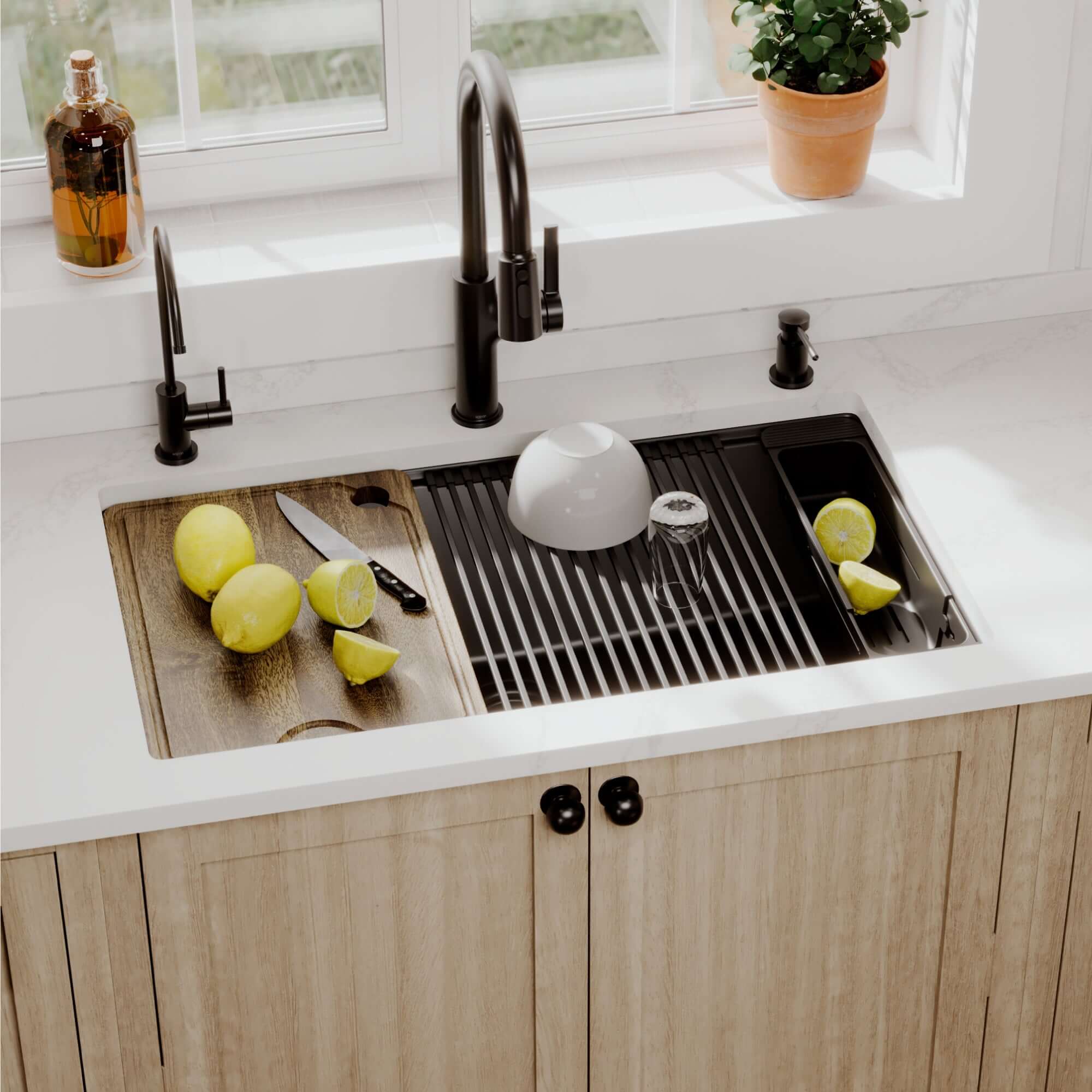 Karran 32 quartz composite workstation kitchen sink black lifestyle image