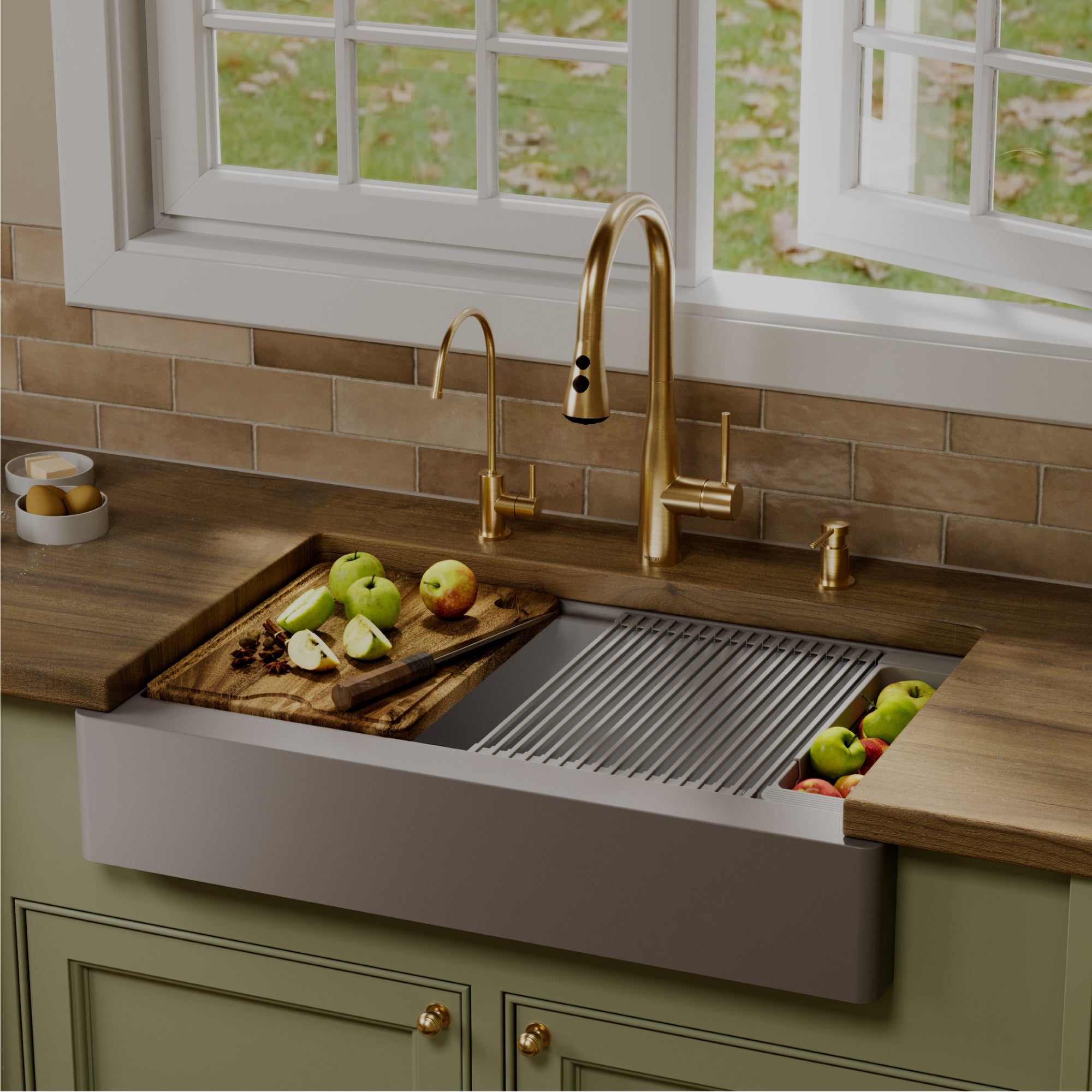 Karran 34 quartz composite retrofit workstation farmhouse sink grey lifestyle image
