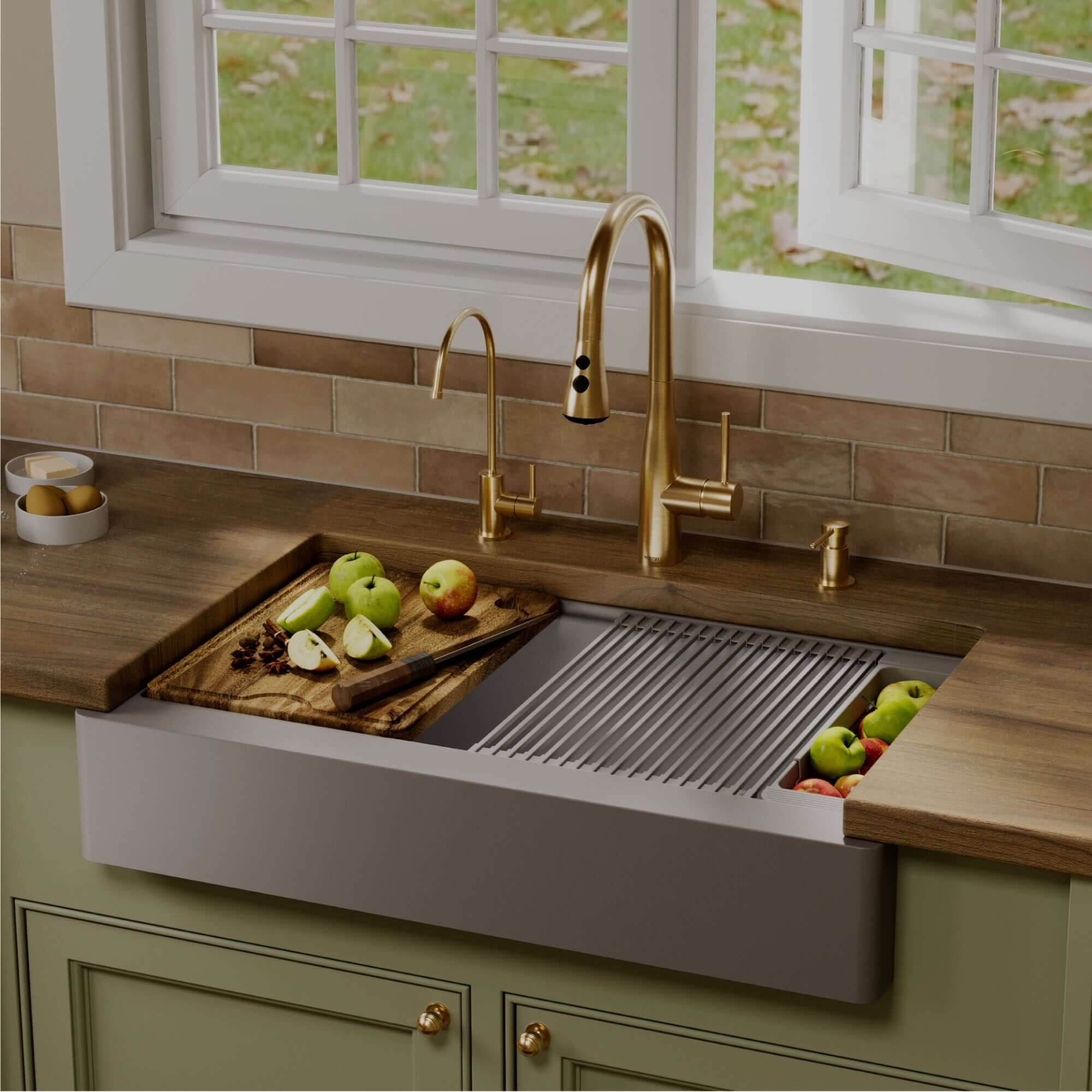 Karran 34 quartz composite retrofit workstation farmhouse sink grey lifestyle image