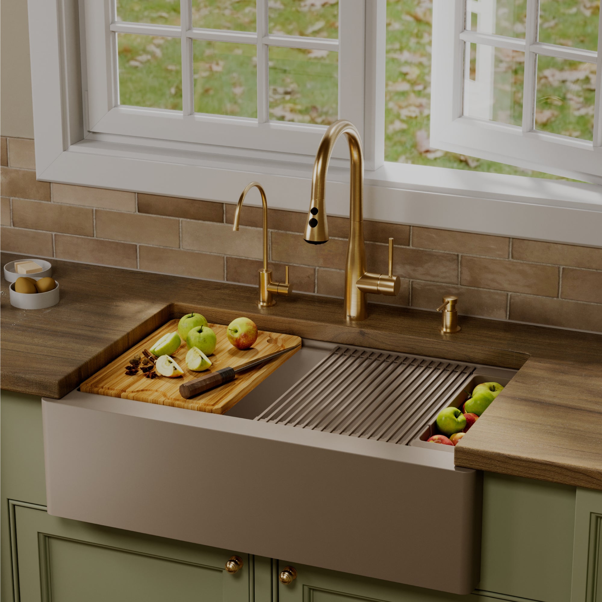 Karran 34 quartz composite workstation farmhouse sink concrete lifestyle image