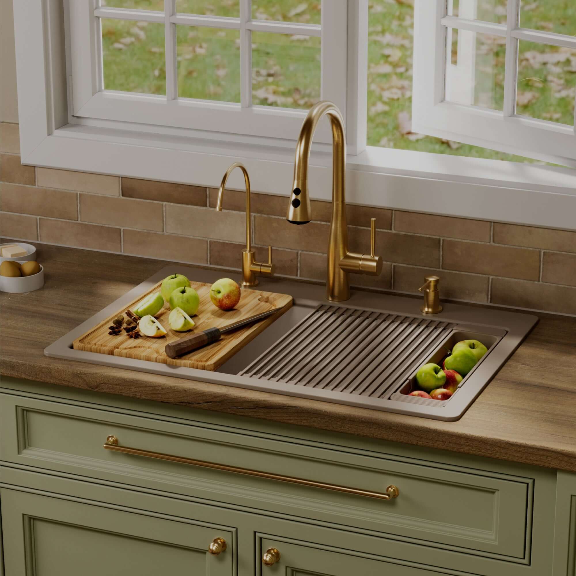Karran 33 quartz composite workstation kitchen sink concrete lifestyle image