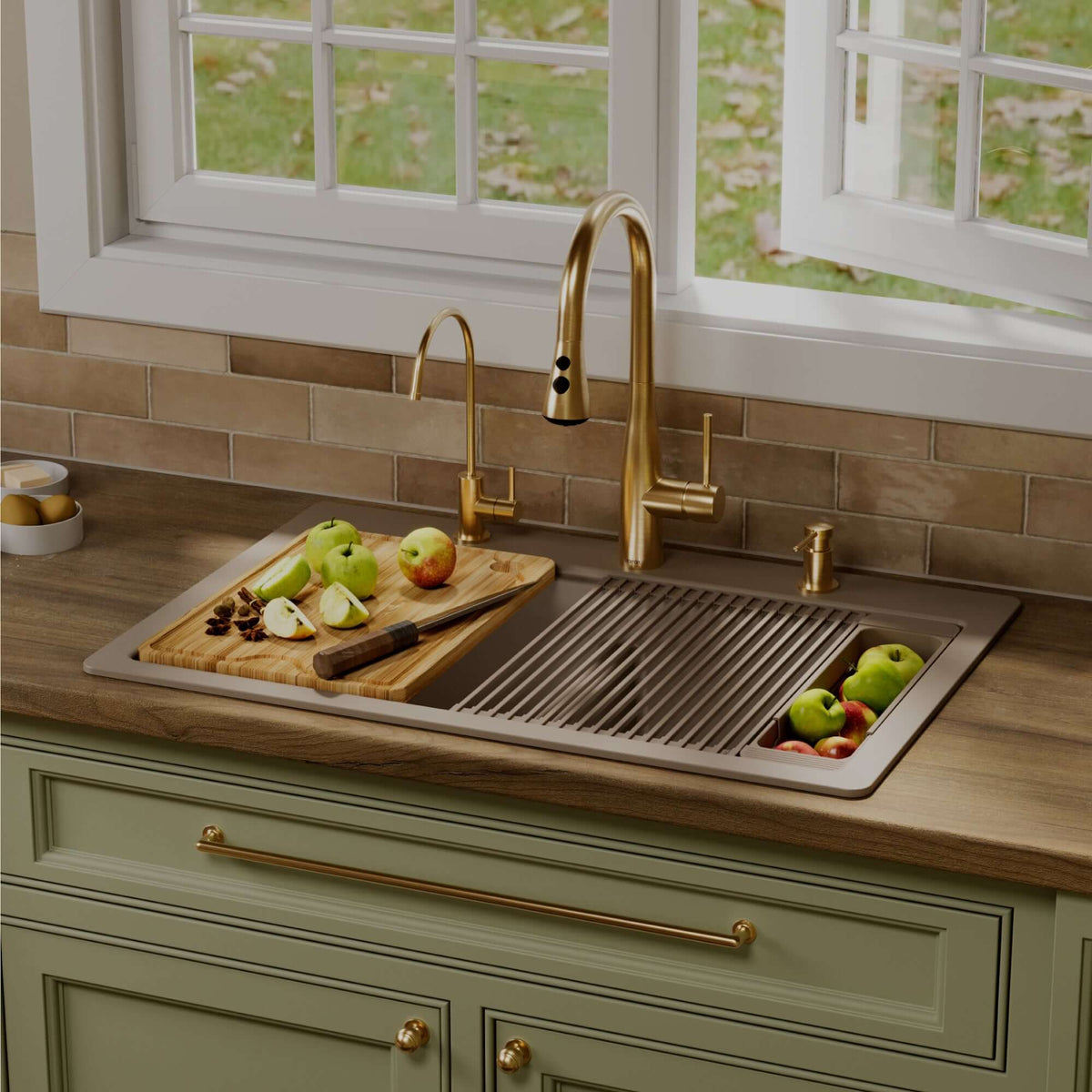 Karran 33 quartz composite workstation kitchen sink 50/50 double bowl concrete lifestyle image