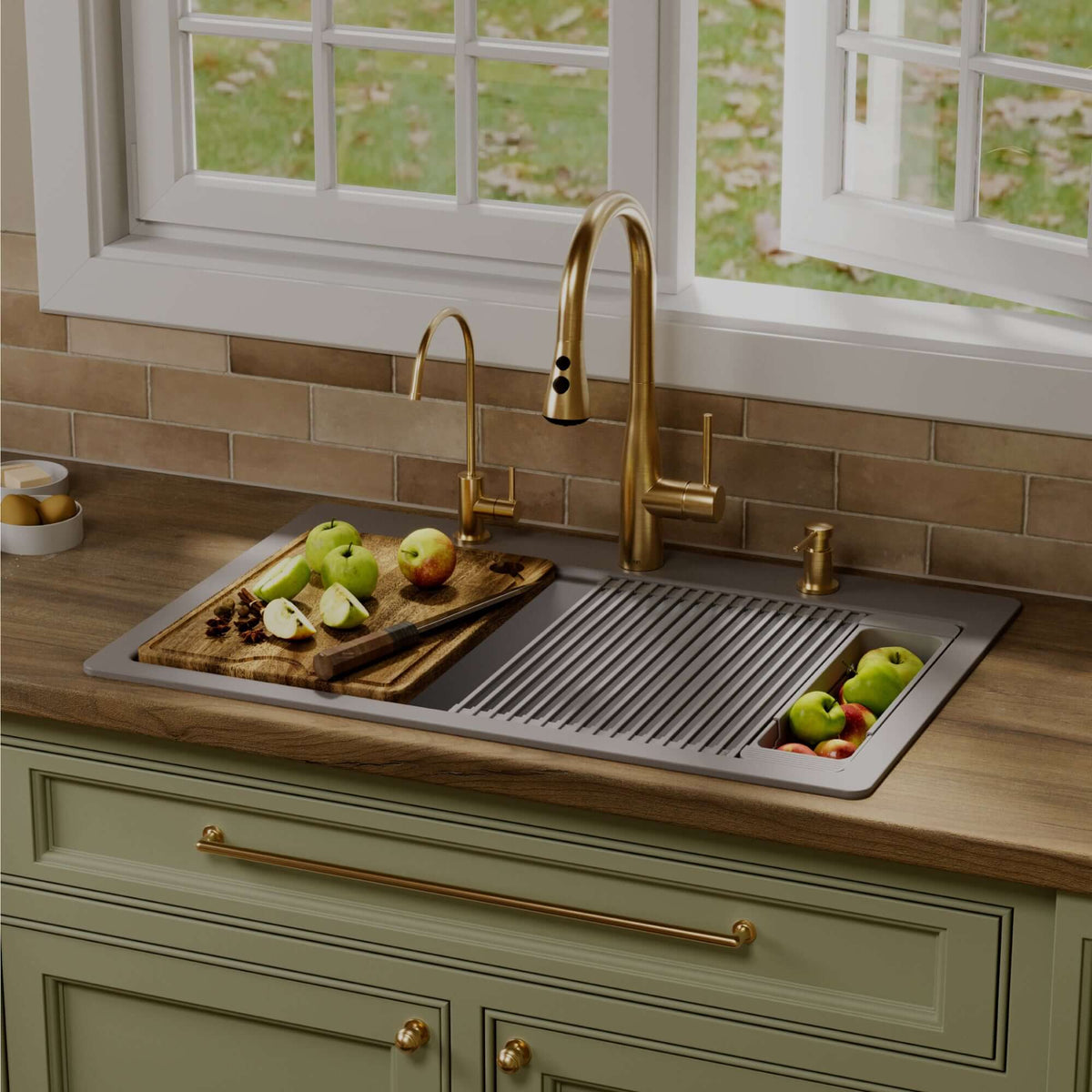 Karran 33 quartz composite workstation kitchen sink grey lifestyle image