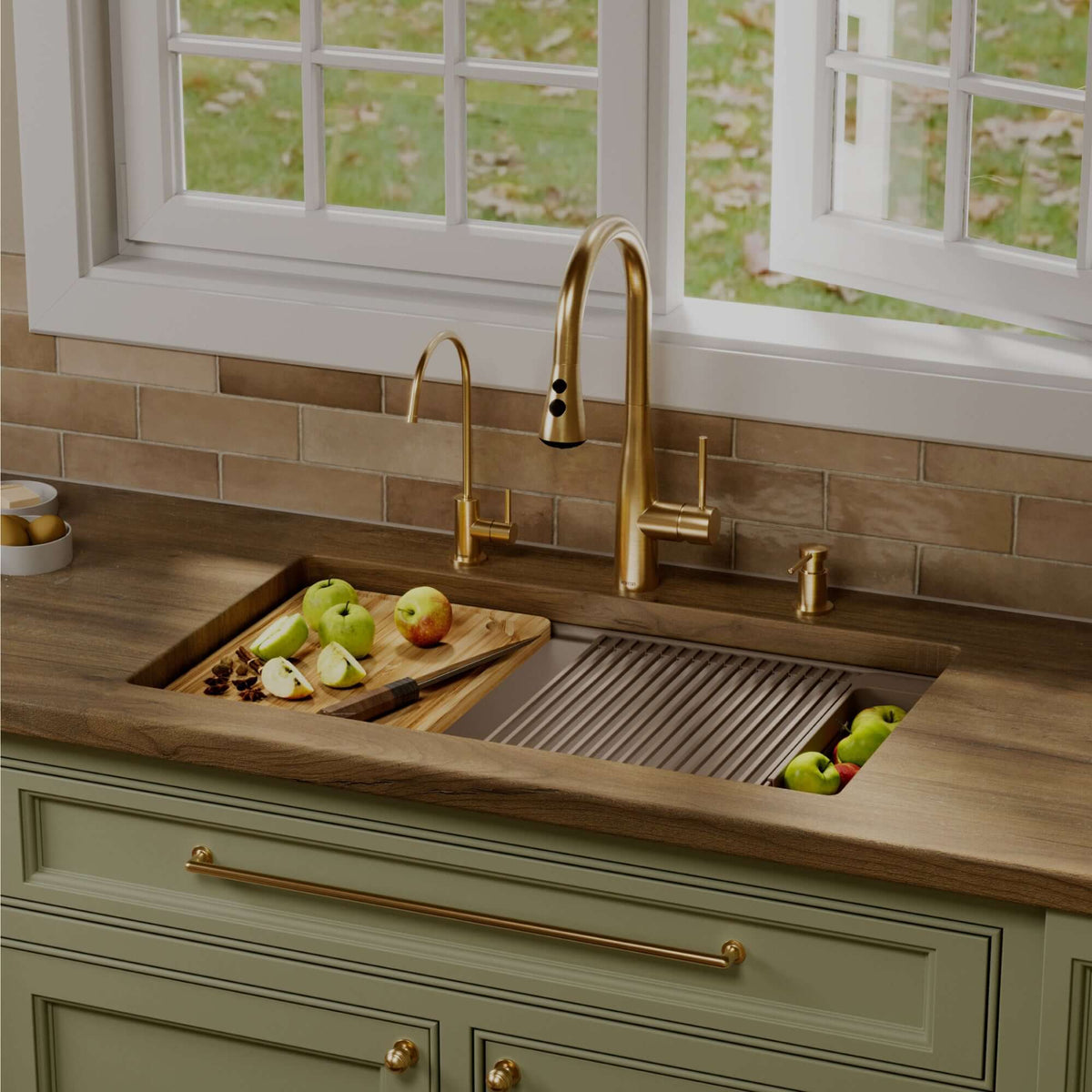 Karran 32 quartz composite workstation kitchen sink concrete lifestyle image