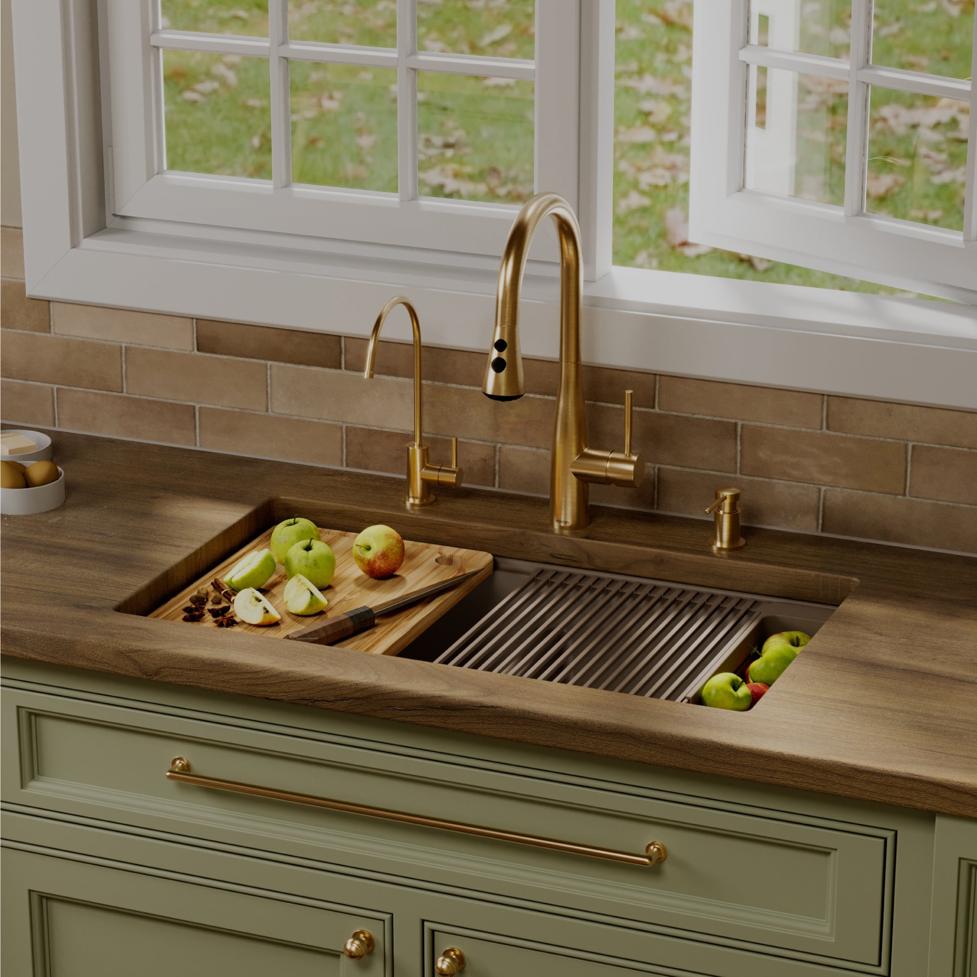 Karran 32 quartz composite workstation kitchen sink 50/50 double bowl concrete lifestyle image