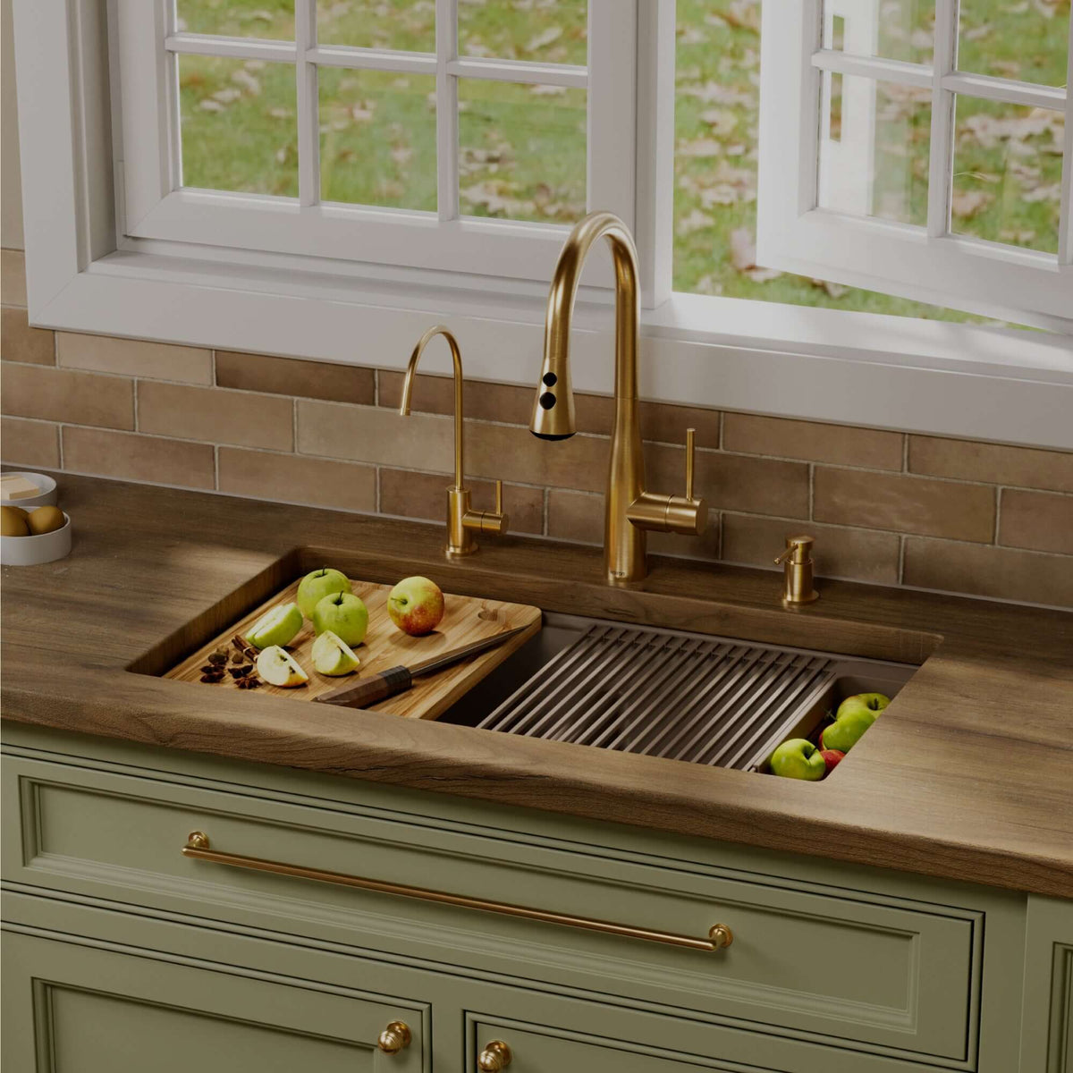 Karran 32 quartz composite workstation kitchen sink 50/50 double bowl concrete lifestyle image