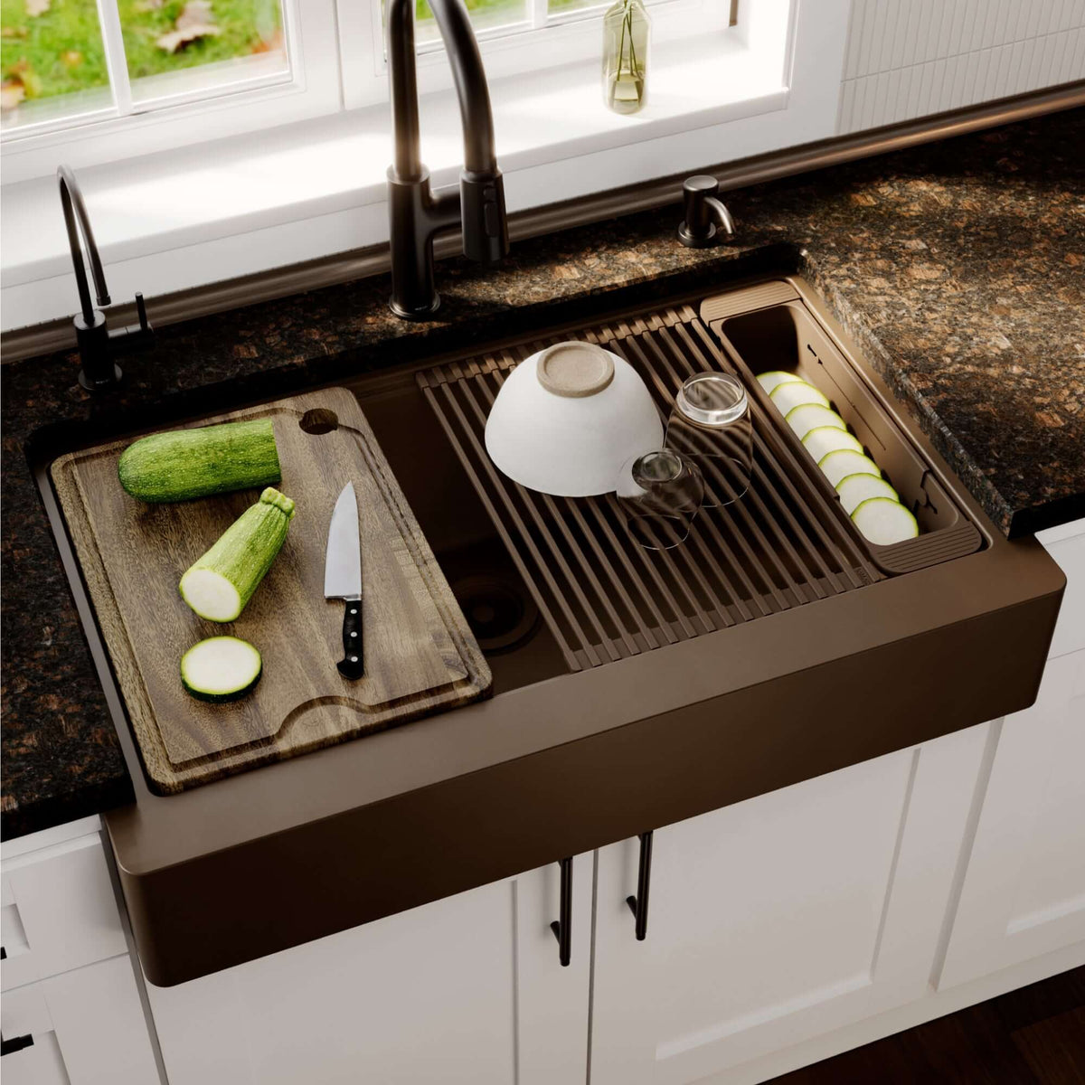 Karran 34 quartz composite retrofit workstation farmhouse sink brown lifestyle image