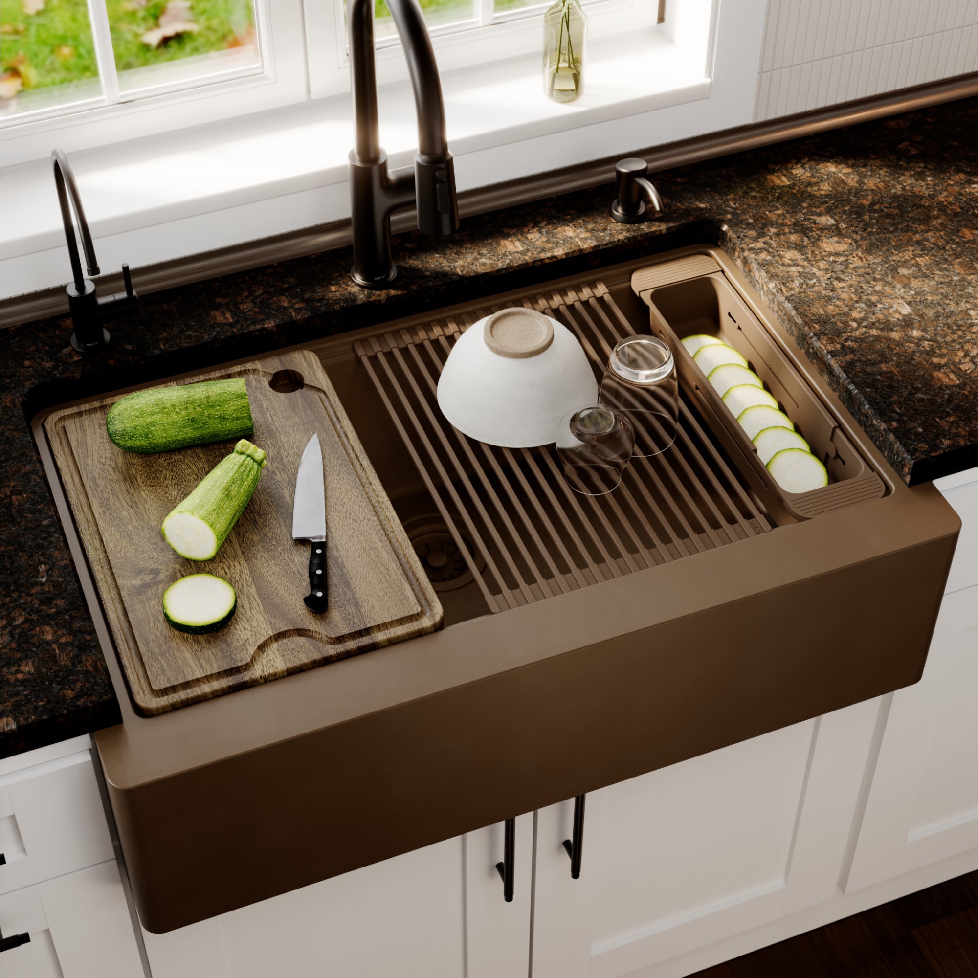 Karran 34 quartz composite workstation farmhouse sink brown lifestyle image