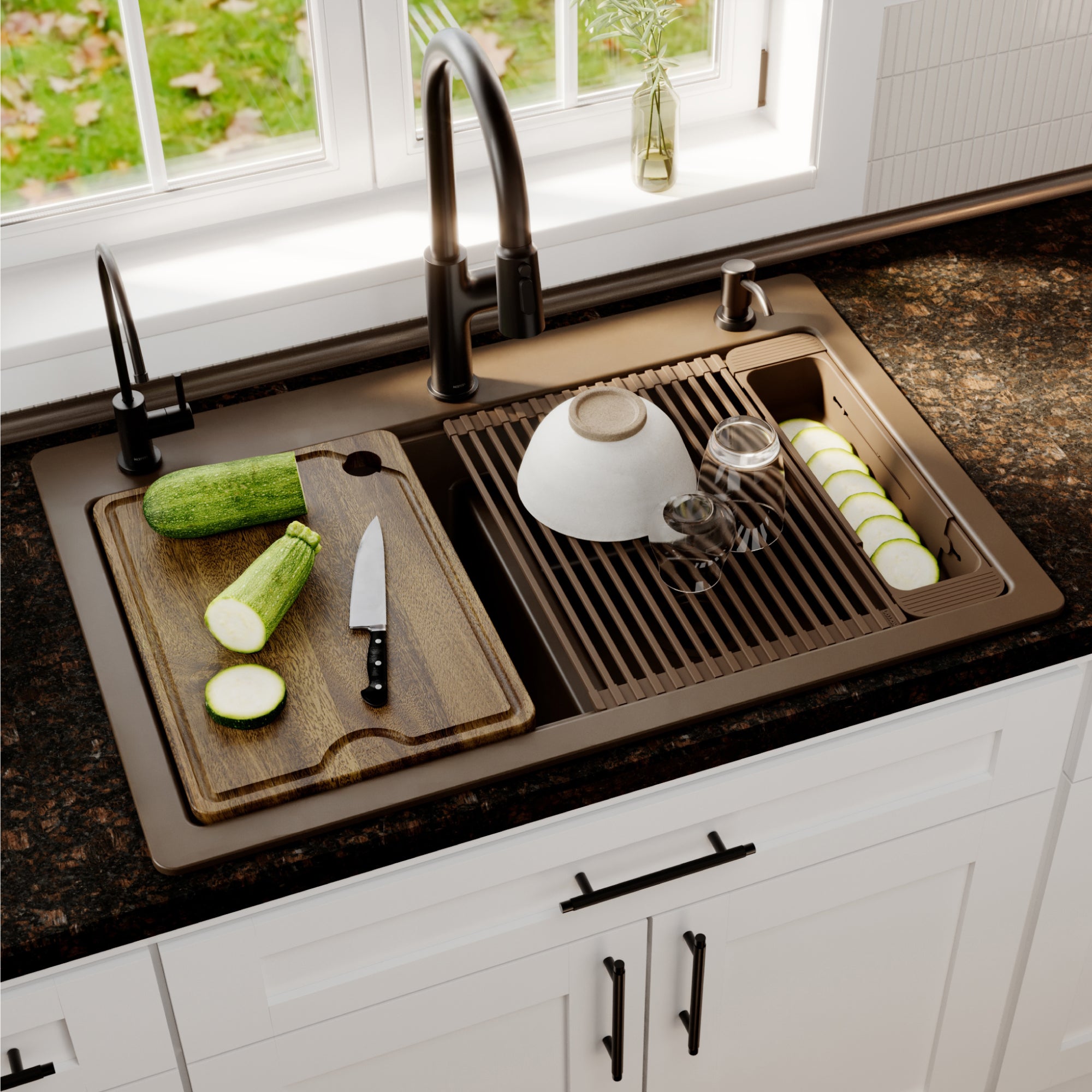 Karran 33 quartz composite workstation kitchen sink 50/50 double bowl brown lifestyle image